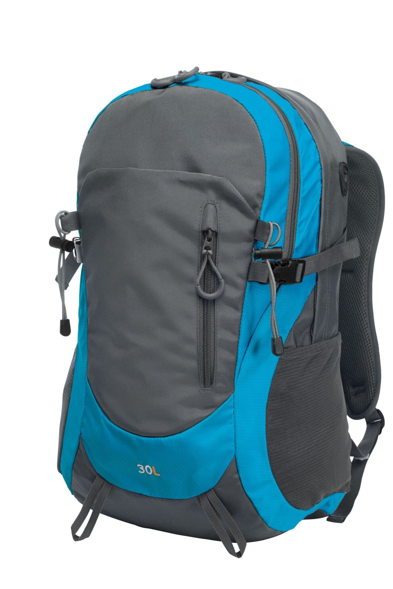 A grey and blue backpack featuring multiple zippers and a spacious design, with a logo on the front. Trail Backpack - Image 1