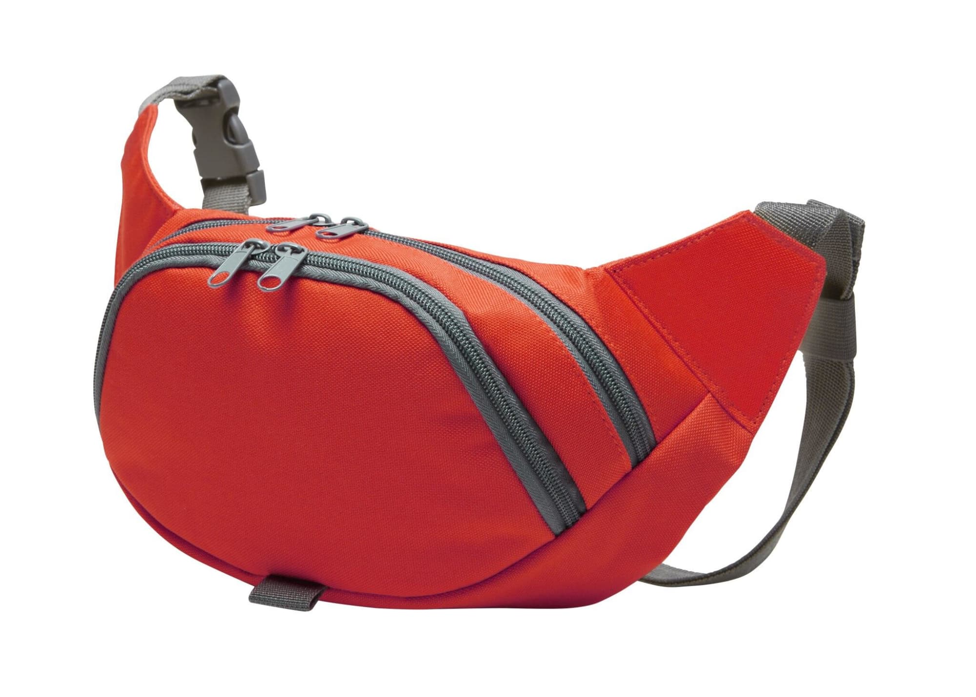 A red bum bag with grey zippers and a strap, featuring two compartments for storage. It has a branding logo. Solution Waist Bag - Image 1