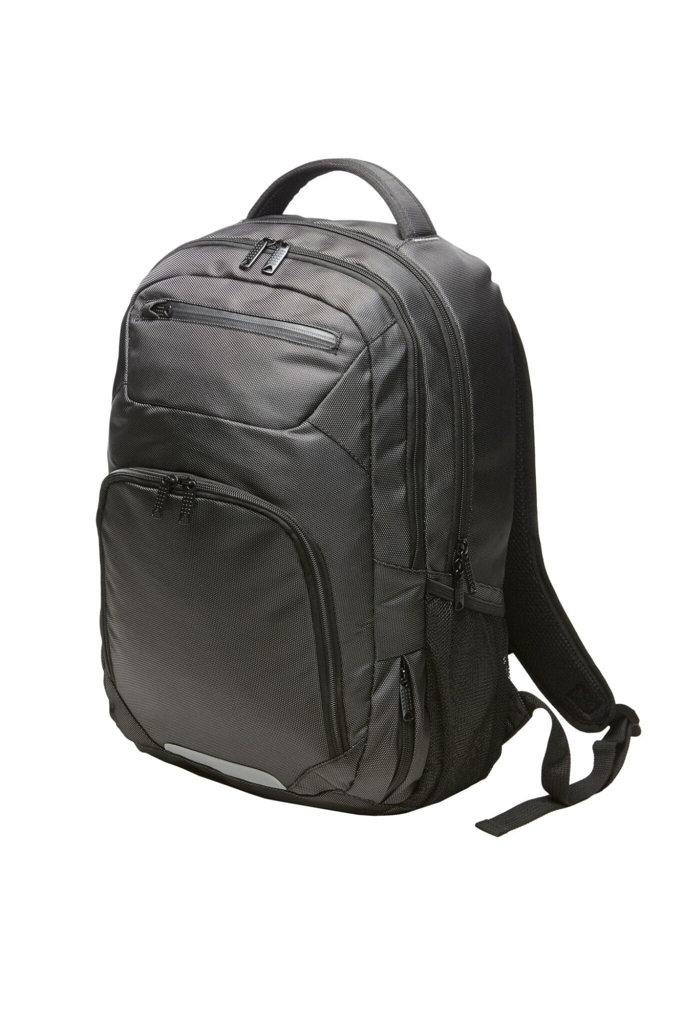 A premium notebook backpack in dark grey, featuring multiple compartments and a logo. Premium Notebook Backpack - Image 1