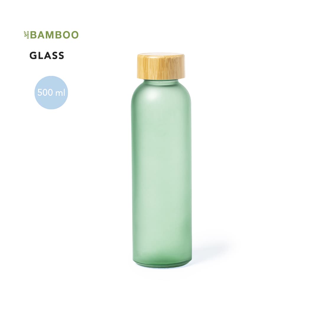 A drink bottle made of glass with a bamboo lid, featuring a frosted green finish. Holds 500 ml. Eskay Bottle - Image 1
