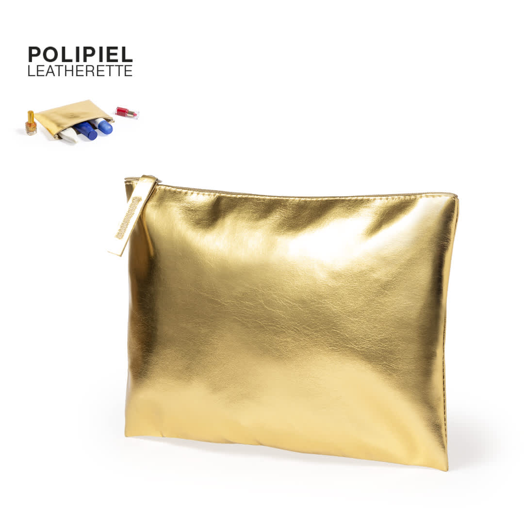 A gold leatherette toiletry bag with a smooth finish and a zip closure, featuring a logo. Darak Beauty Bag - Image 1