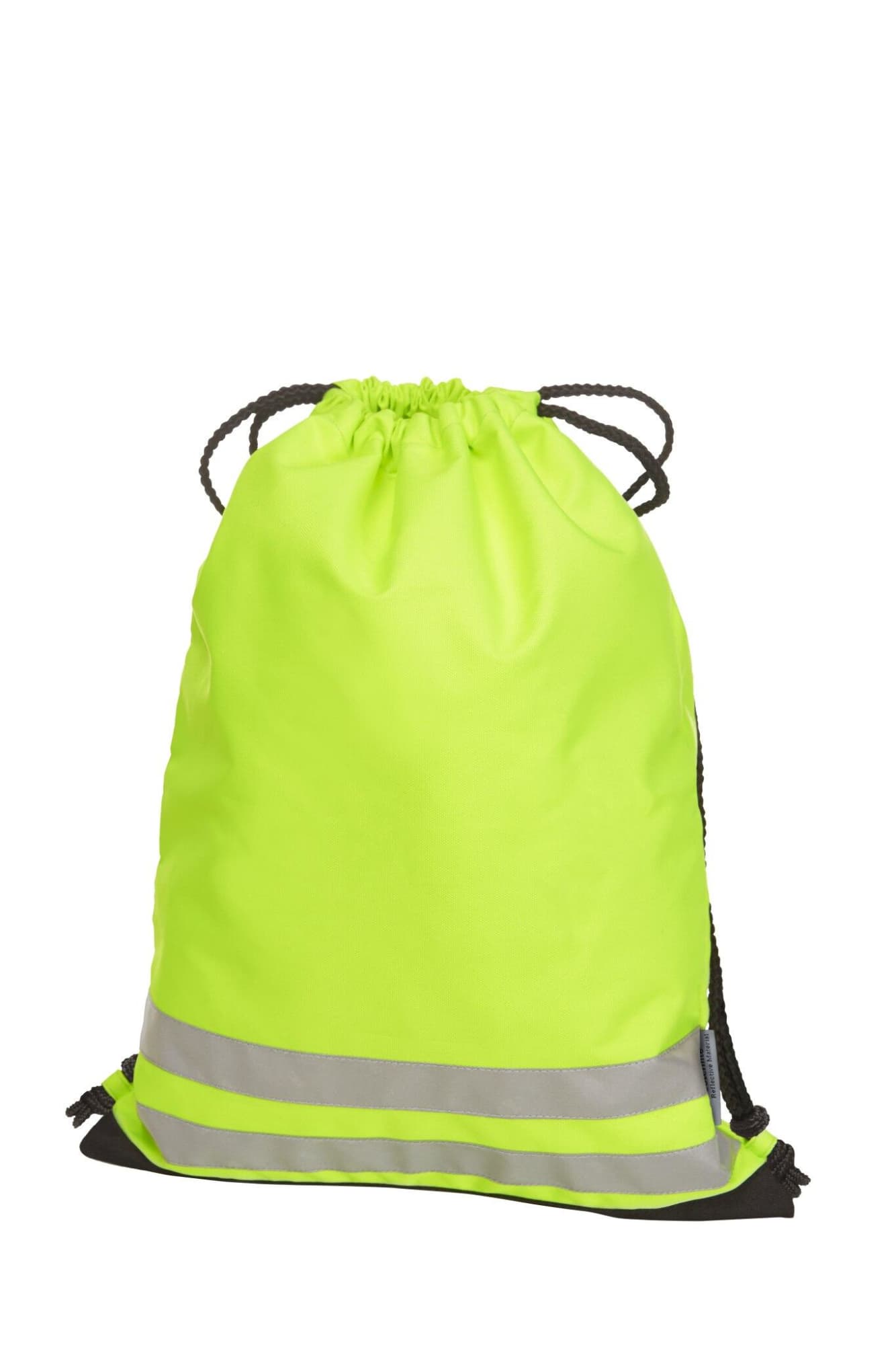 A bright yellow drawstring bag with reflective stripes and black accents, featuring a drawstring closure. Reflex Drawstring Bag - Image 1