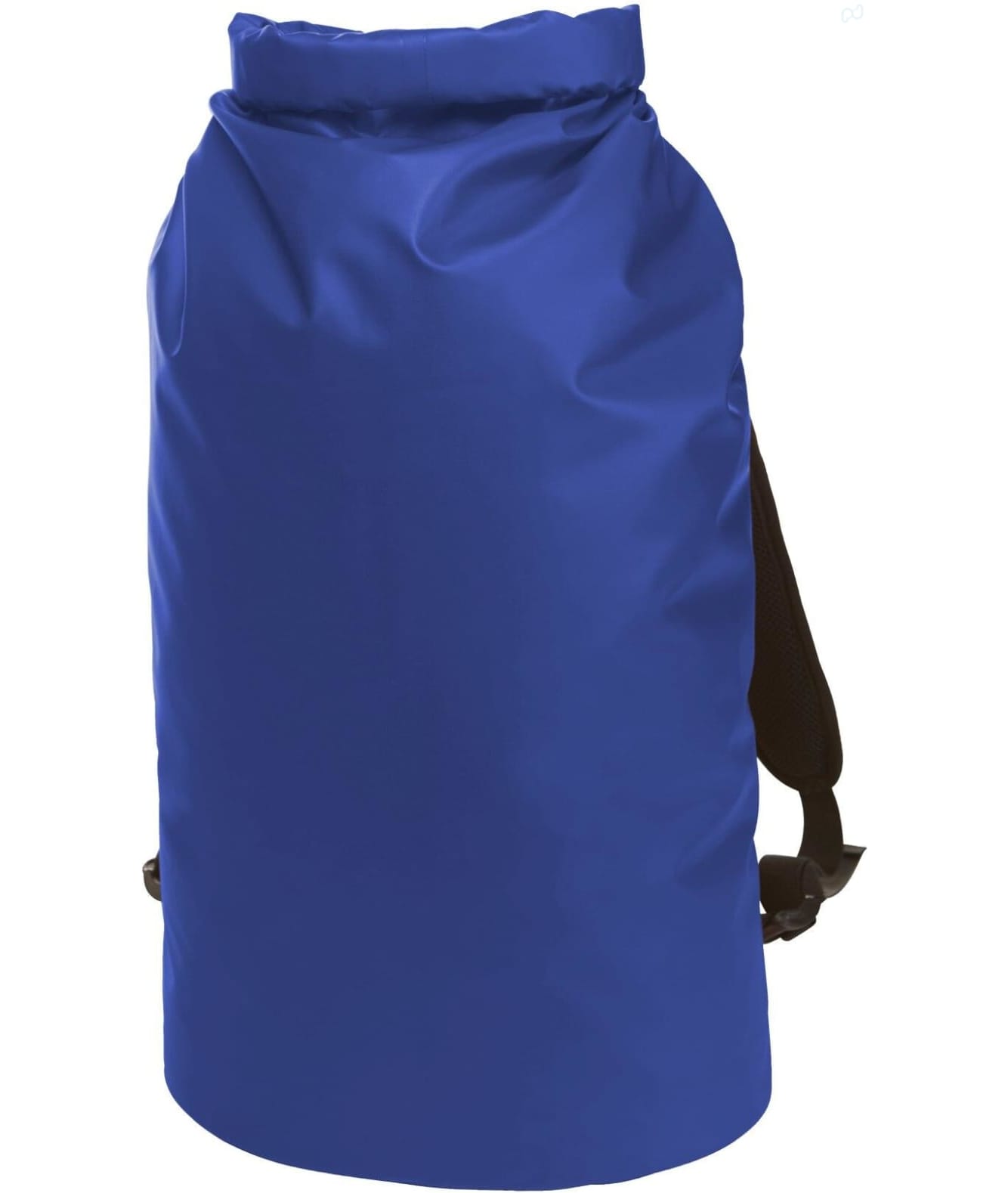 A blue backpack featuring a roll-top closure and black straps, with a logo on the front. Splash Backpack - Image 1