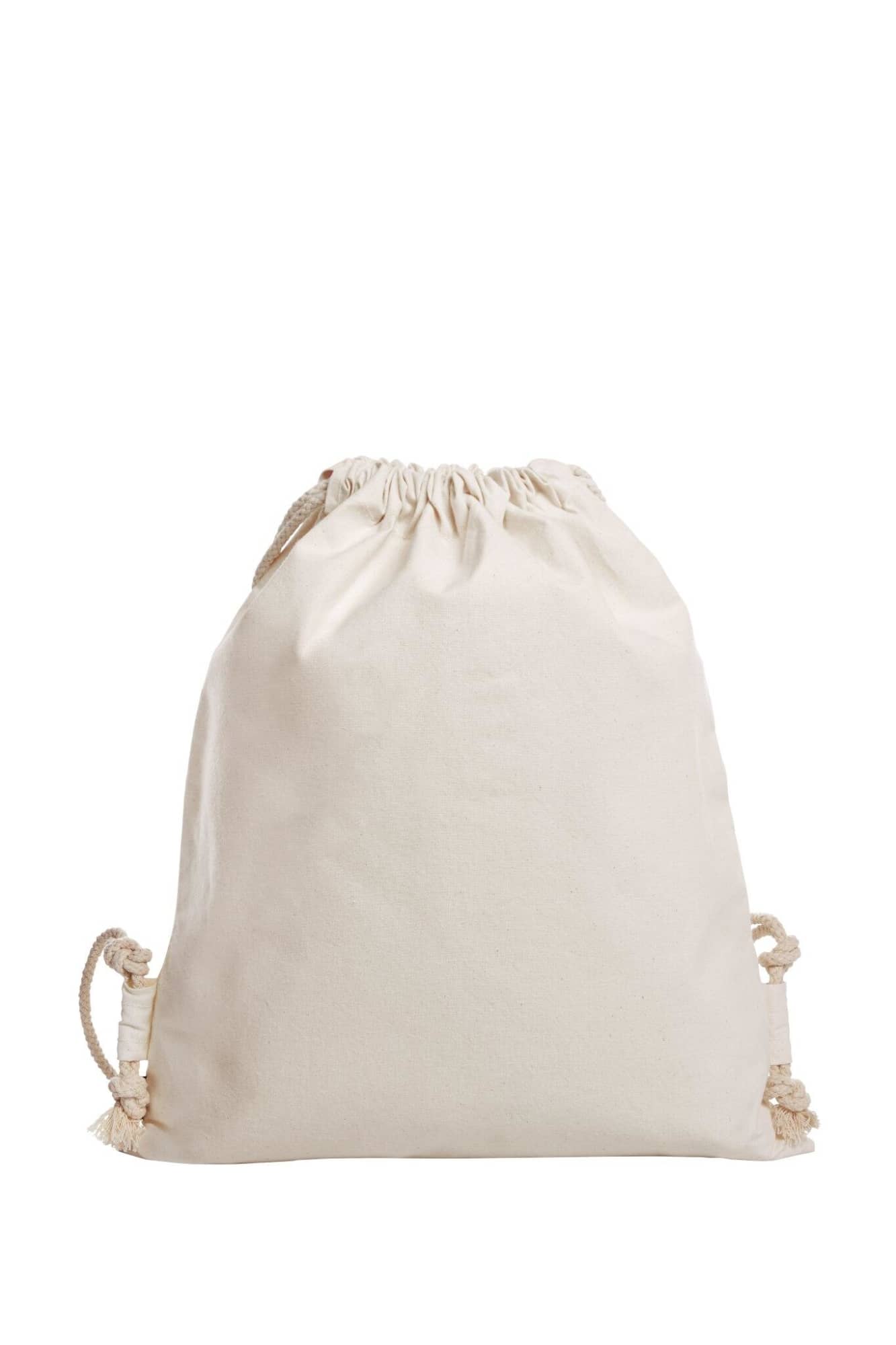 A cream drawstring bag with natural rope ties and a simple design. It features a logo. Organic Drawstring Bag - Image 1
