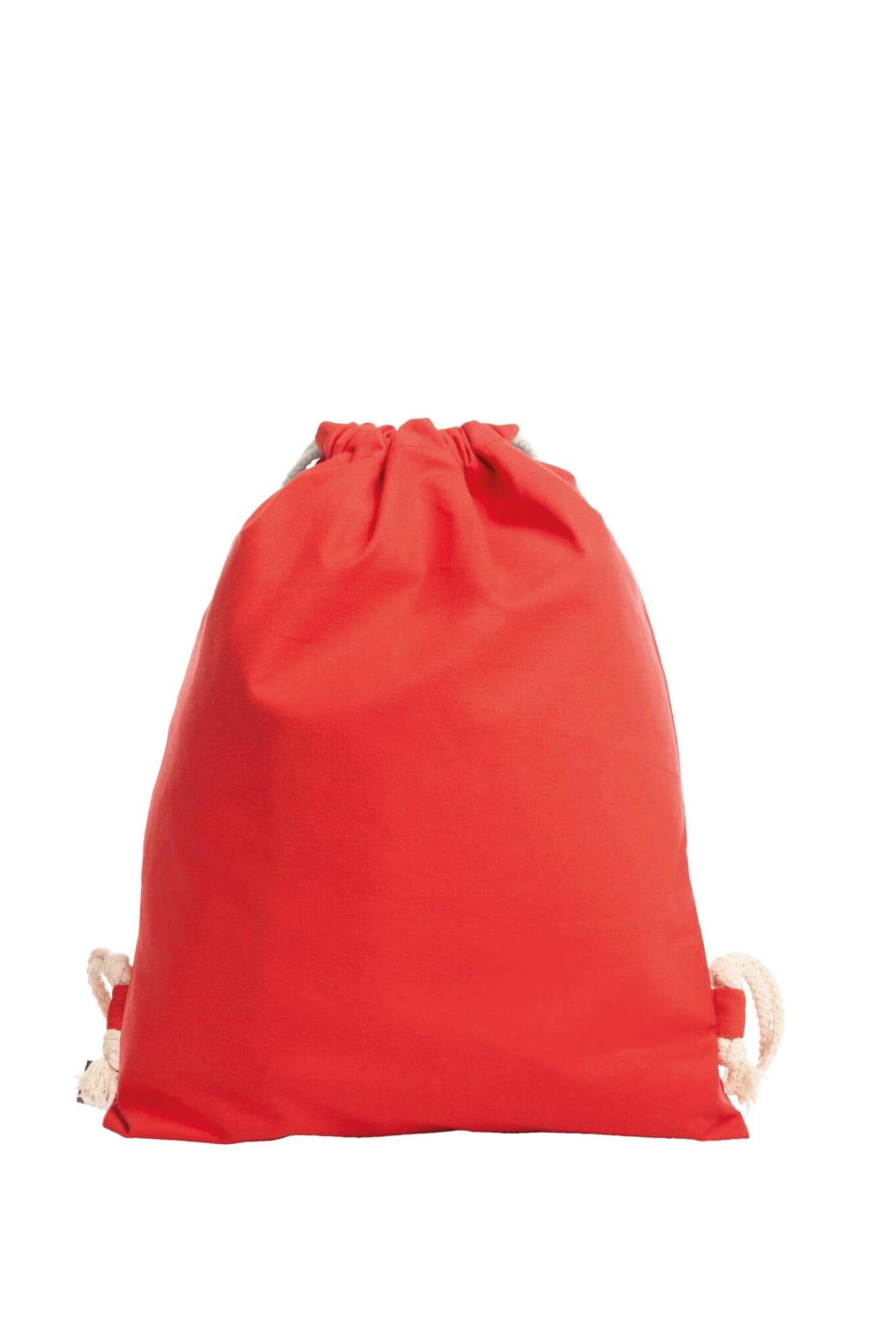 A red drawstring bag with natural rope closures and a logo. Earth Drawstring Bag - Image 1