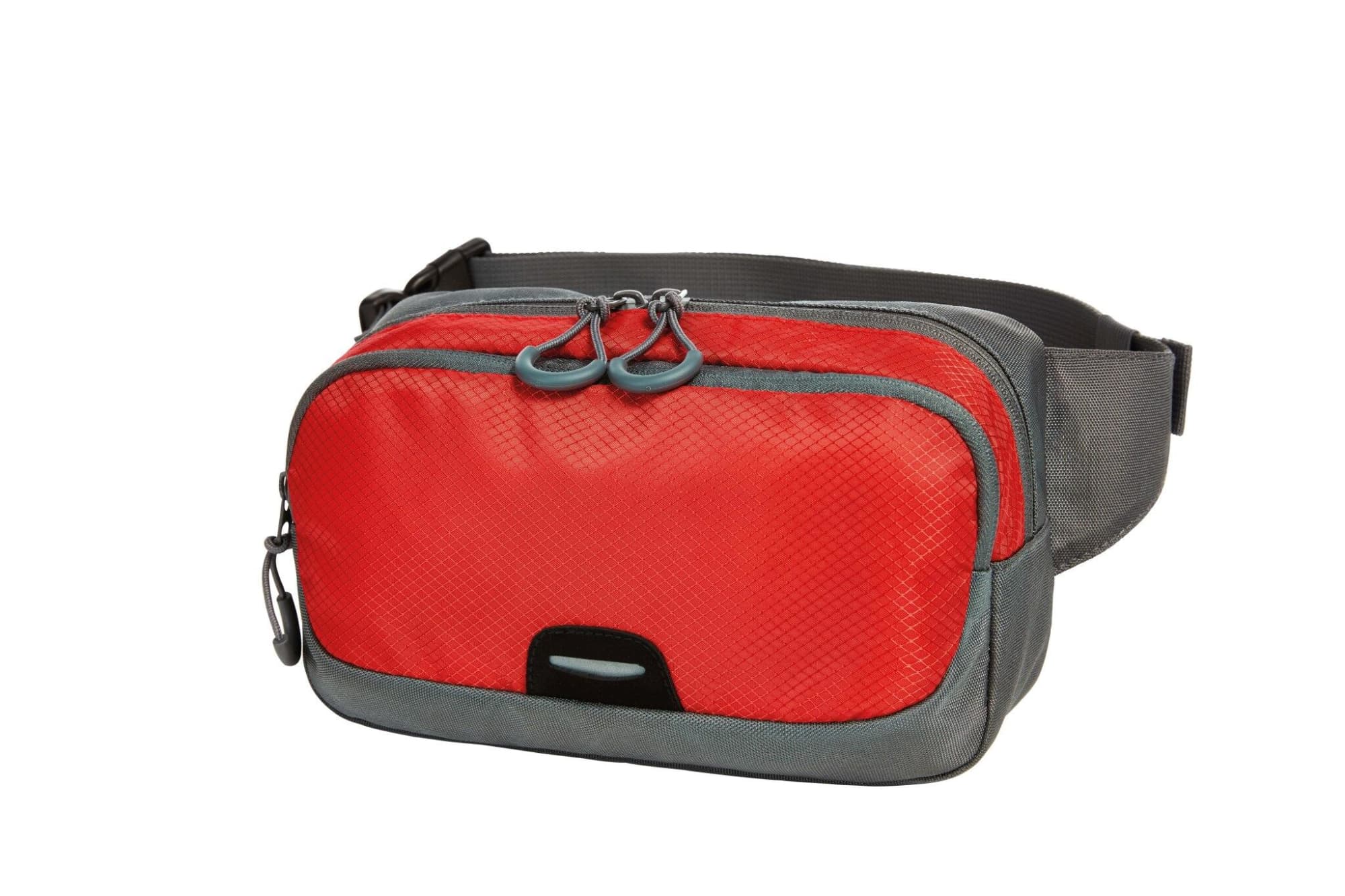 A red and grey waist bag with dual zipper compartments and an adjustable strap. It features a logo on the front. Step Waist Bag - Image 1