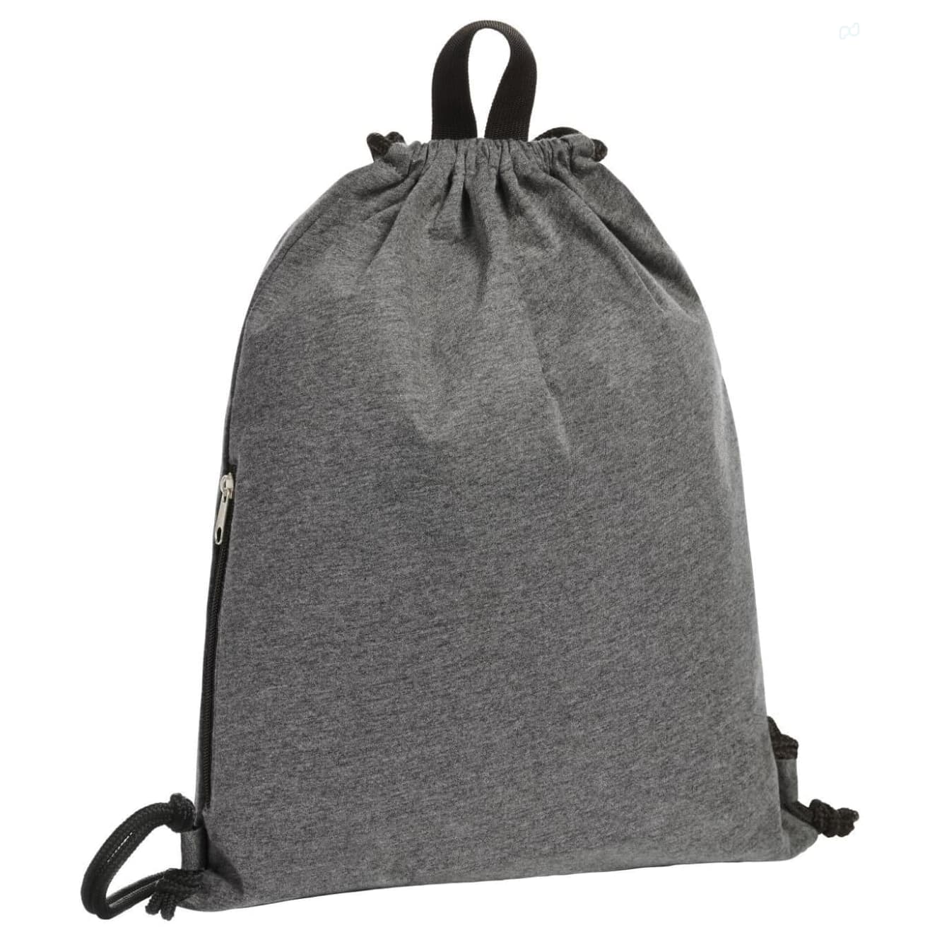 A grey drawstring bag with a cinched top, featuring a side zipper and a black drawstring. It has a logo on it. Jersey Drawstring Bag - Image 1
