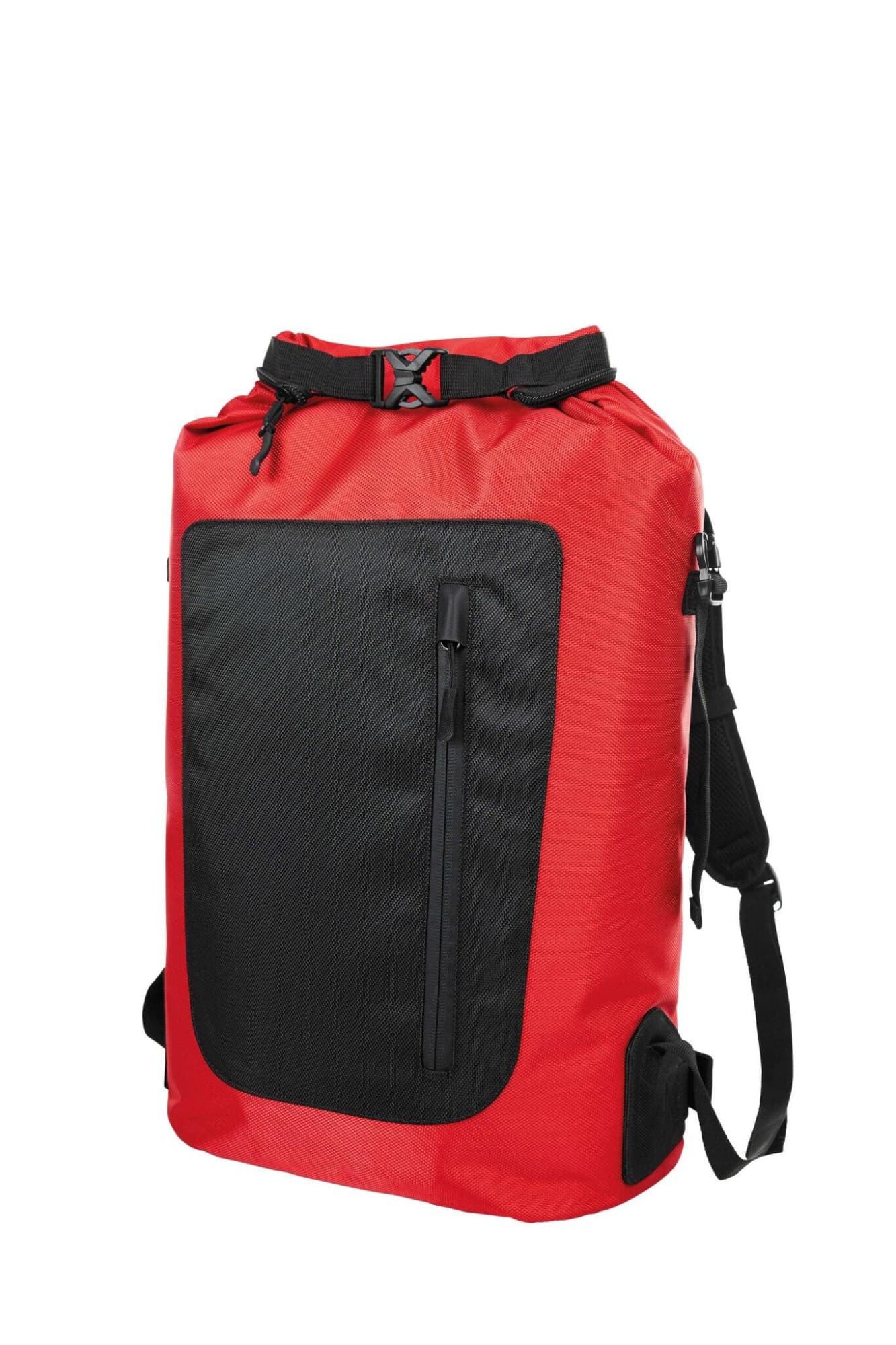 A red backpack with a black front pocket and straps, featuring a logo on the side. Storm Backpack - Image 1