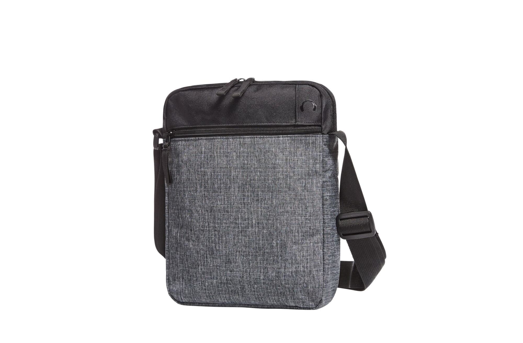 A grey crossbody bag with a black top section, featuring a zippered compartment and an adjustable strap. Elegance CrossBag - Image 1