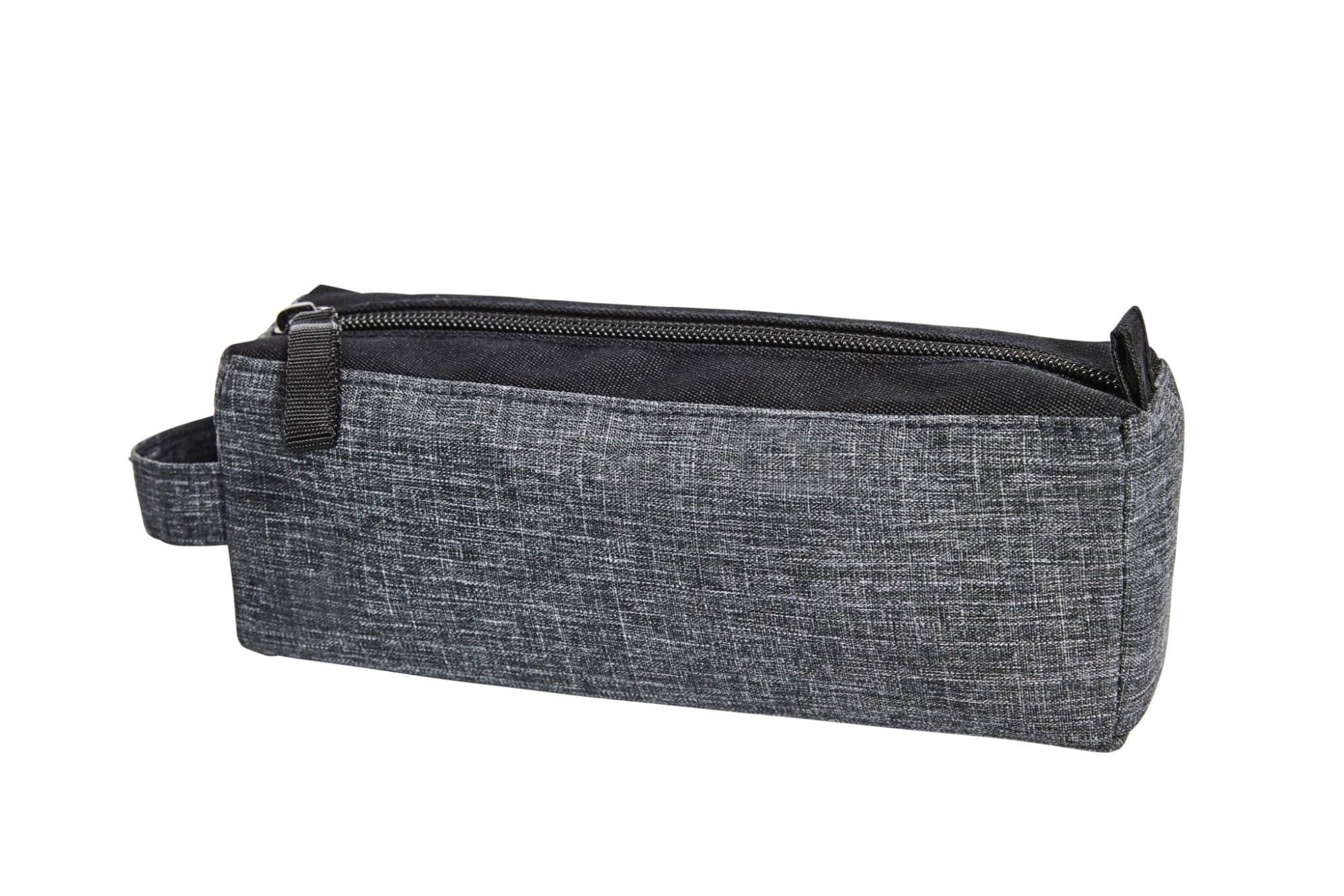 A grey fabric bag with a zip closure and a small handle, featuring a branding logo. Elegance Case - Image 1