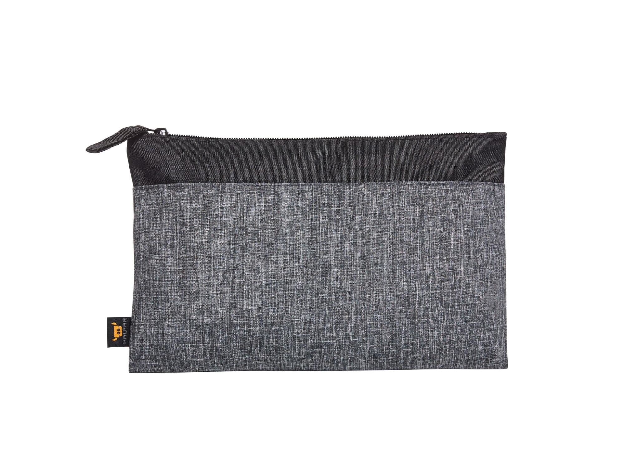 A grey zipper bag featuring a textured design, with a black top section and a logo on the side. Elegance Zipper Bag - Image 1
