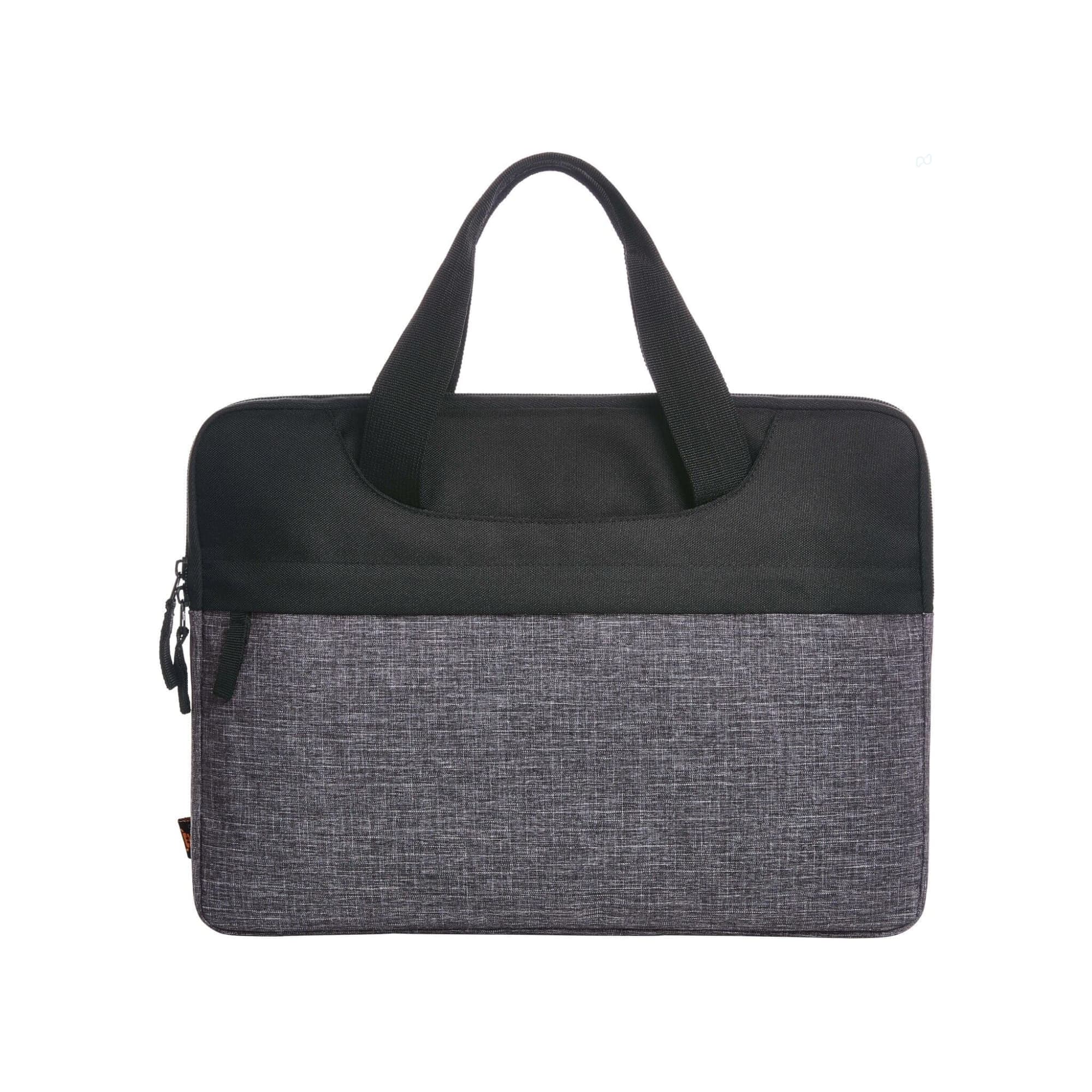 A laptop bag in black and grey fabric, featuring dual handles and a zippered closure. Includes a logo on the front. Elegance Laptop Bag - Image 1