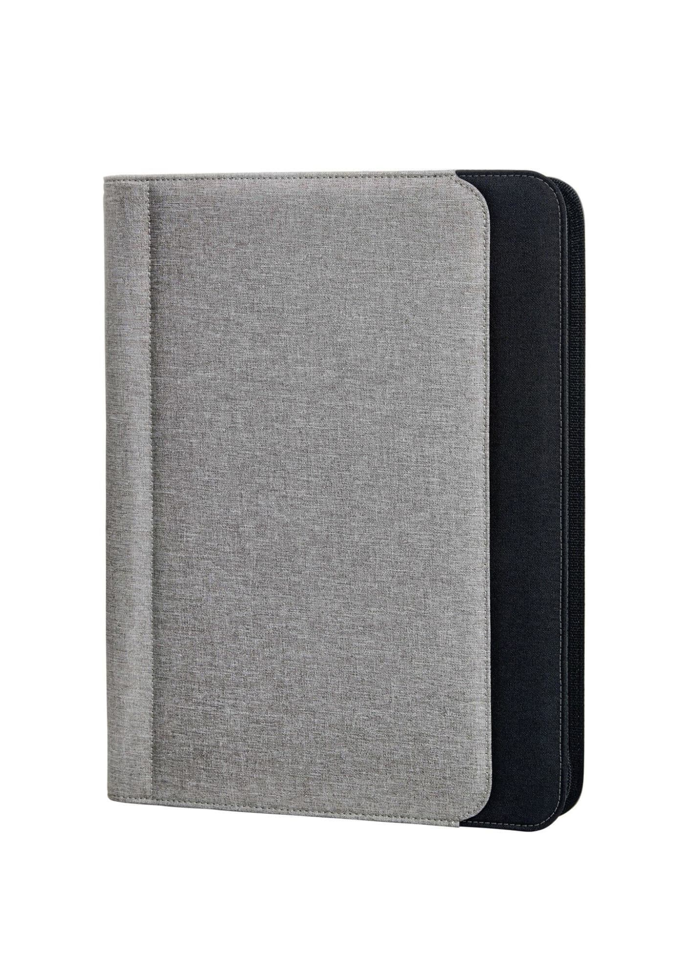 A grey and black work conference folder with a textured finish and a zipper closure. It features a logo on the front. Work Conference Folder - Image 1
