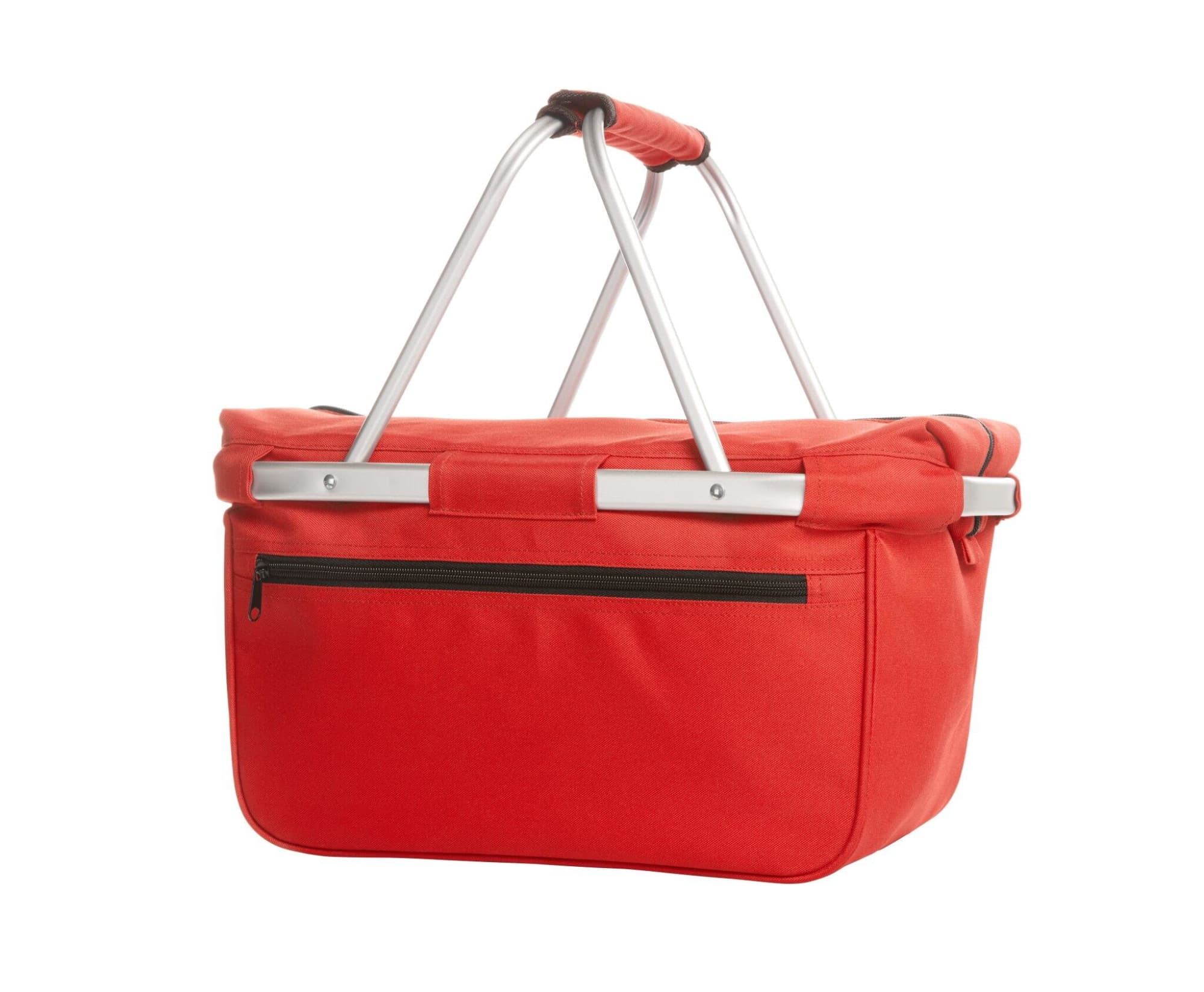 A red cooler shopper with silver handles and a zippered pocket on one side. It features a sturdy design for carrying items. Basket Cooler Shopper - Image 1