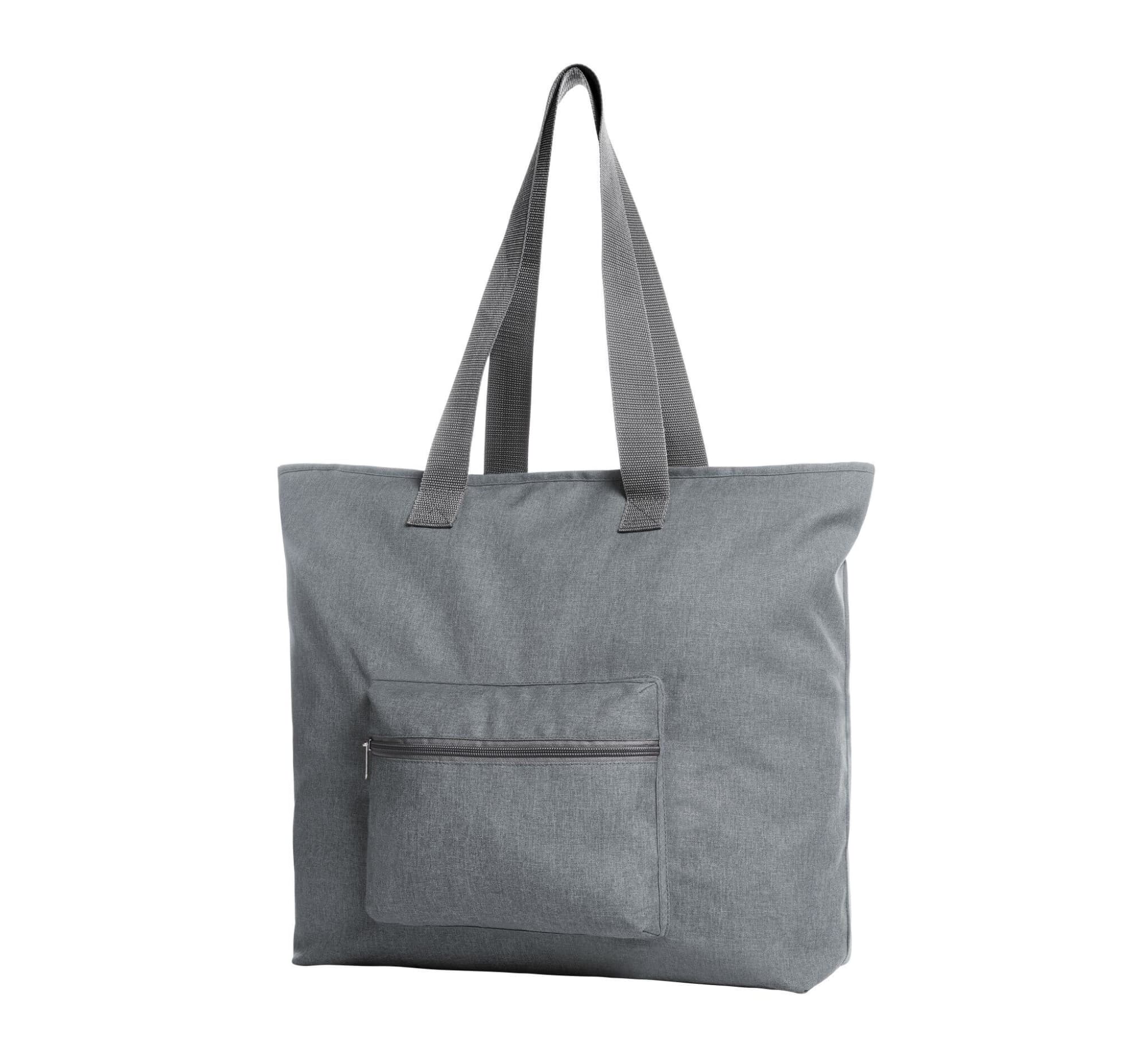 A grey tote bag with a front pocket and long handles. It features a simple design and includes branding. Sky Shopper - Image 1