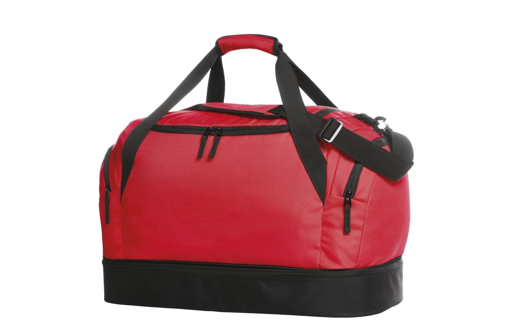 A red sports bag with black accents, featuring a top handle, adjustable strap, and multiple zipped compartments. Team Sports Bag - Image 1