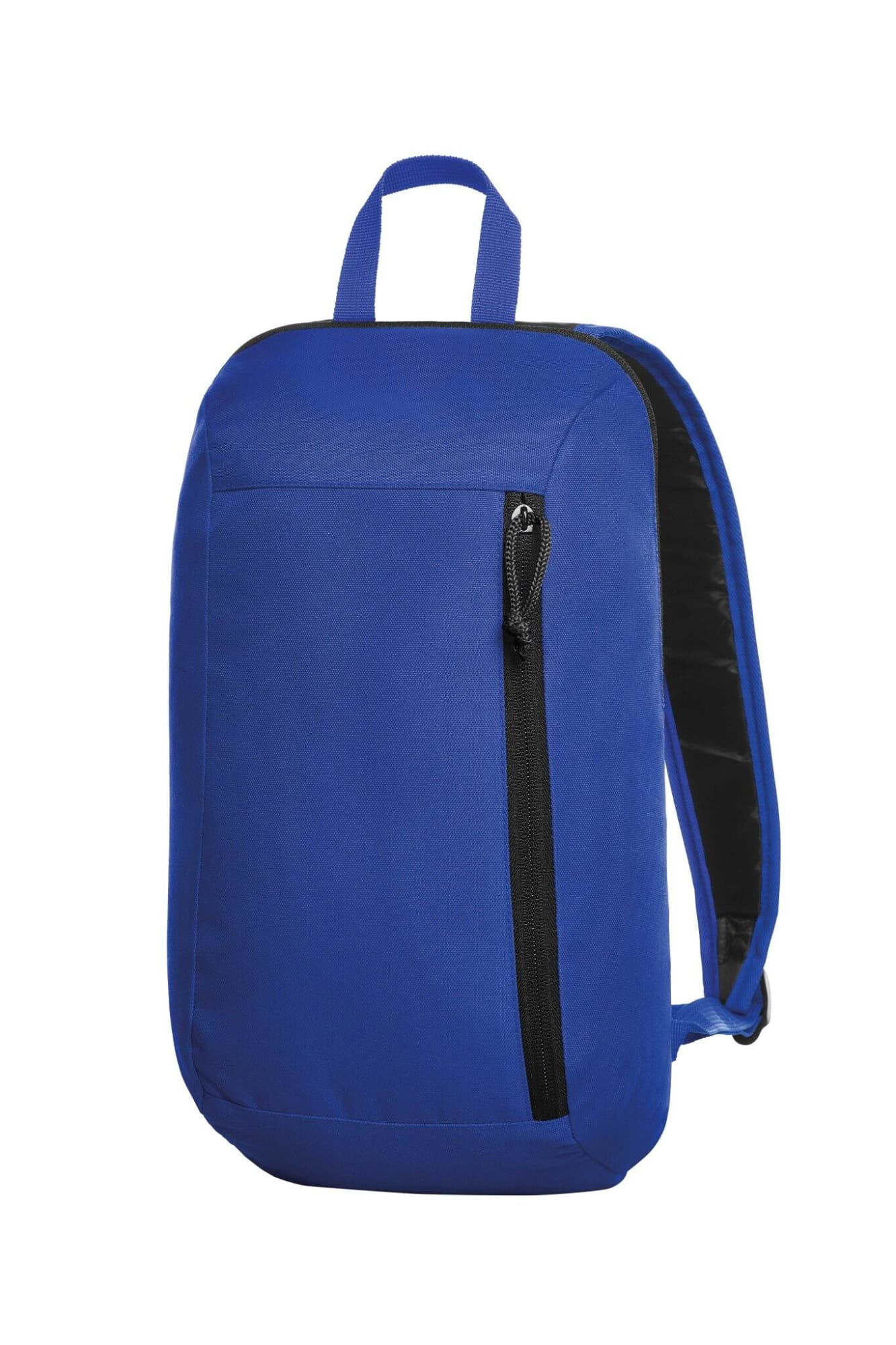 A blue backpack with a front zip pocket and shoulder straps, featuring a simple design and a logo. Flow Backpack - Image 1