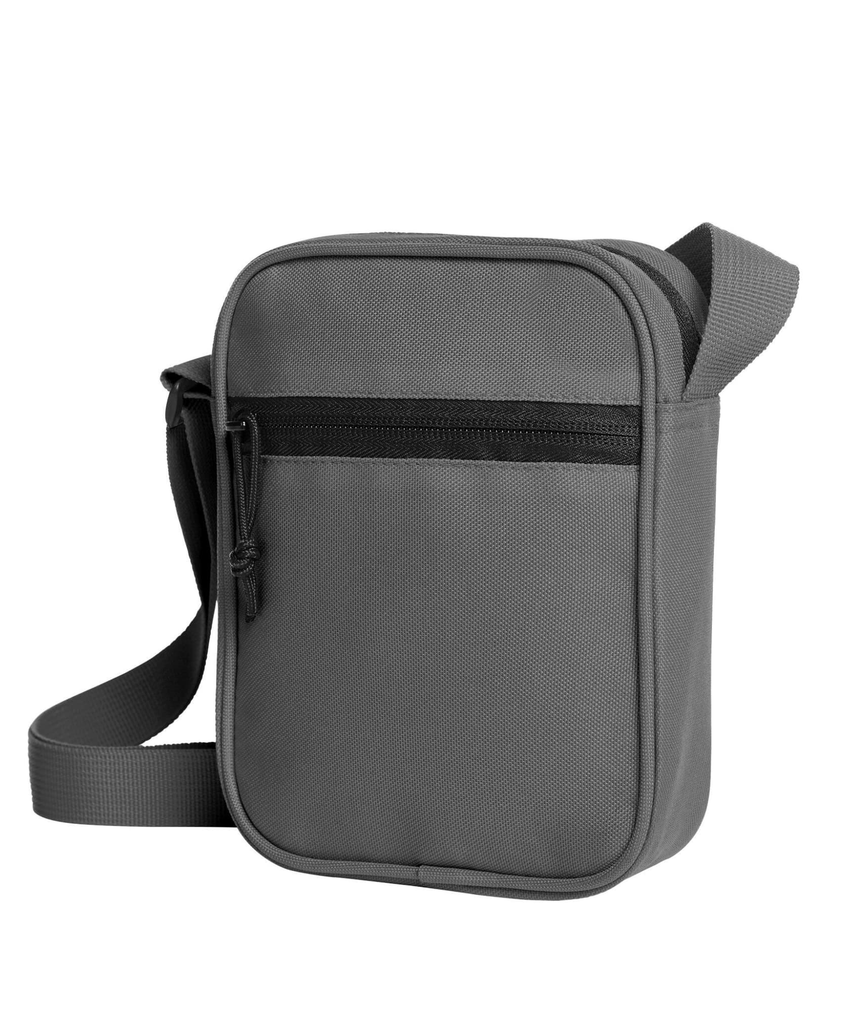 A grey crossbody bag with a zippered front pocket and an adjustable strap. Features a logo on the front. Flow CrossBag - Image 1