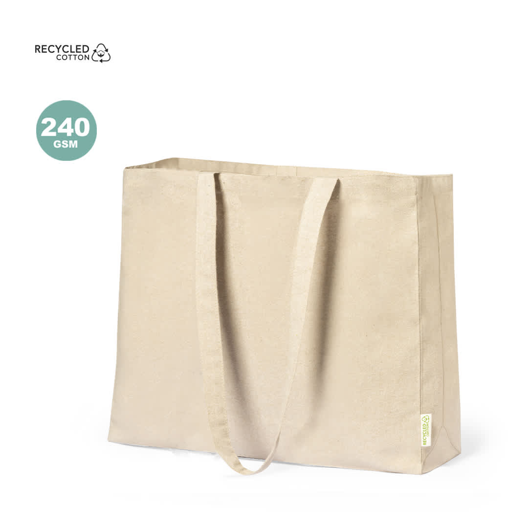 A beige tote bag made of recycled cotton with sturdy handles. It has a simple, minimalist design. Framos Bag - Image 1