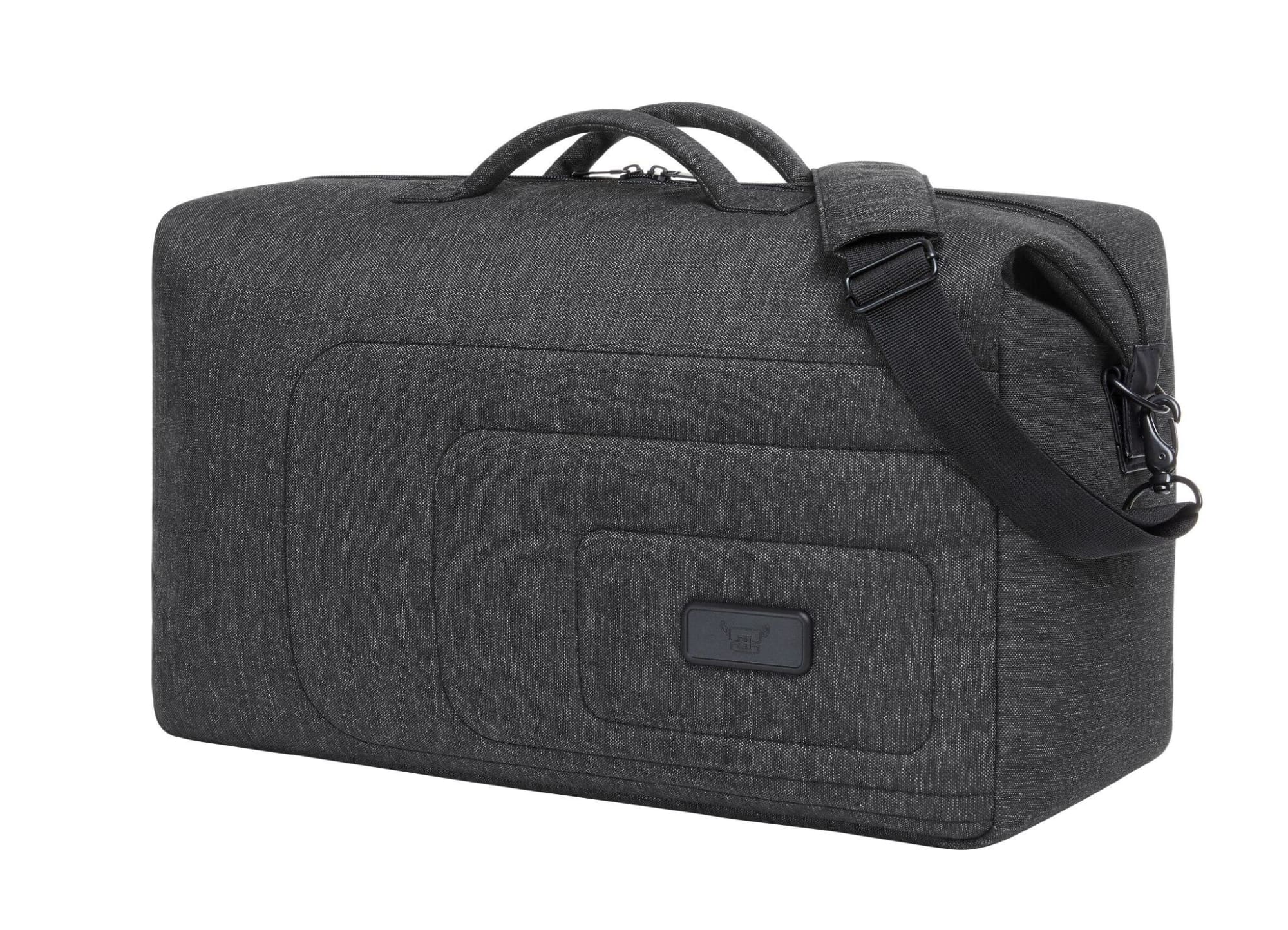 A grey duffle bag featuring a handle, shoulder strap, and a logo on the front. Designed for sport or travel use. Frame Sport/Travel Bag - Image 1