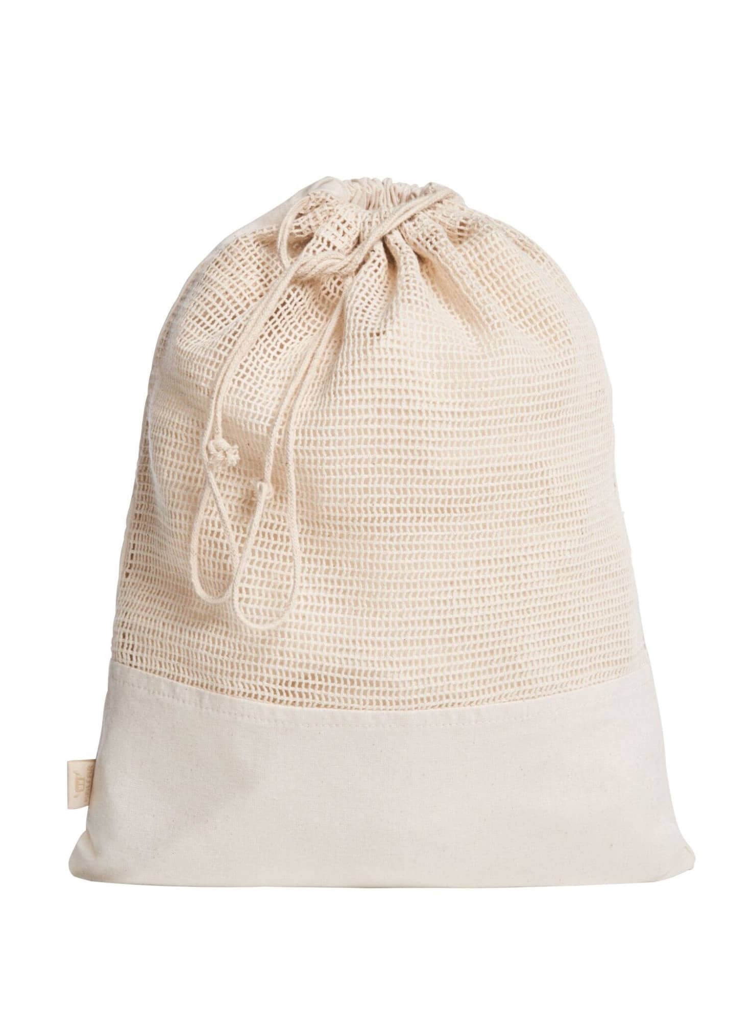 A cream-coloured reusable produce bag with a drawstring closure and a plain base. It has a logo on the side. Organic Reusable Produce Bag - Image 1