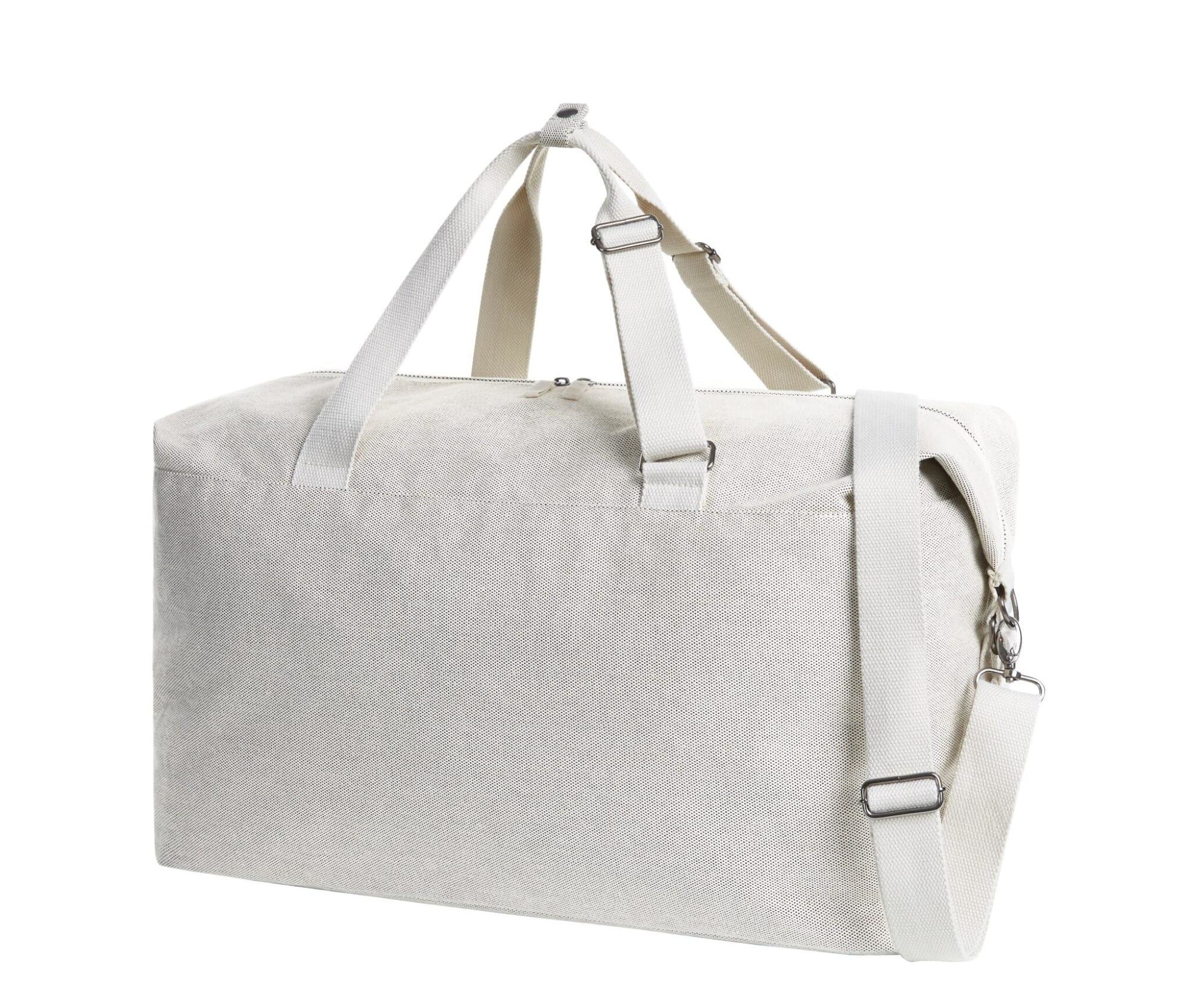 A grey duffle bag with a shoulder strap and handles, featuring a logo on the side. Loom Sport/Travel Bag - Image 1