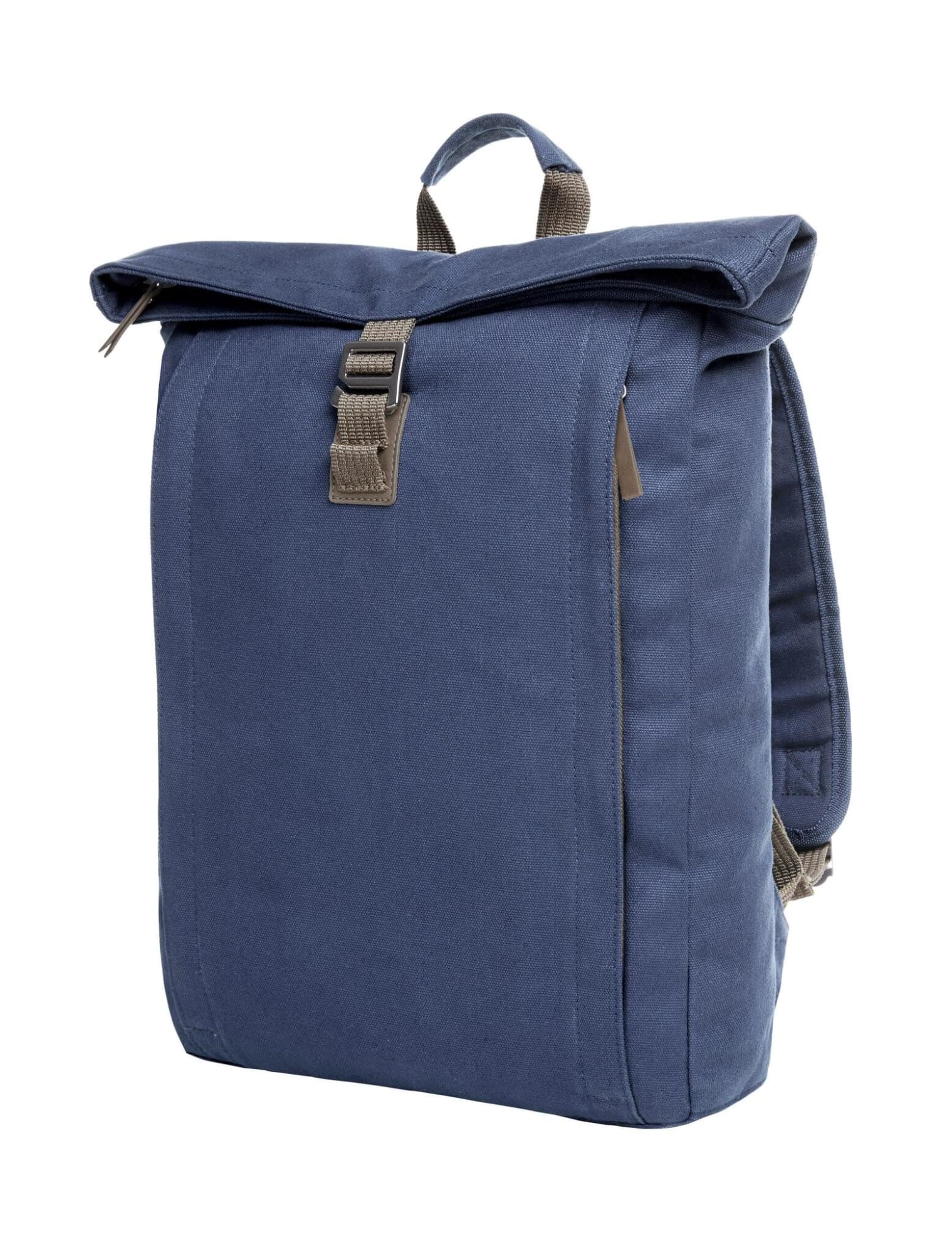 A navy blue backpack with a roll-top closure and a front buckle, featuring shoulder straps and a side zipper. Country Backpack - Image 1
