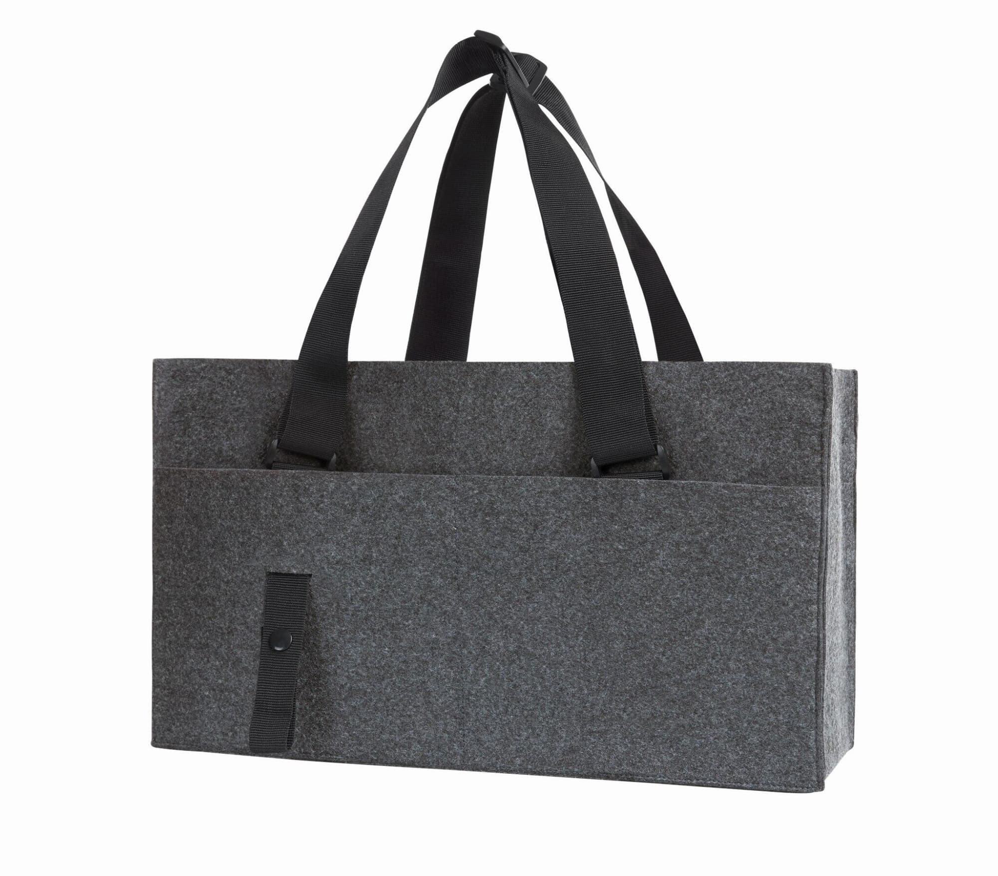 A grey felt organiser bag with black straps and a front pocket. It has a simple design and features a logo. ModernClassic Organizer - Image 1