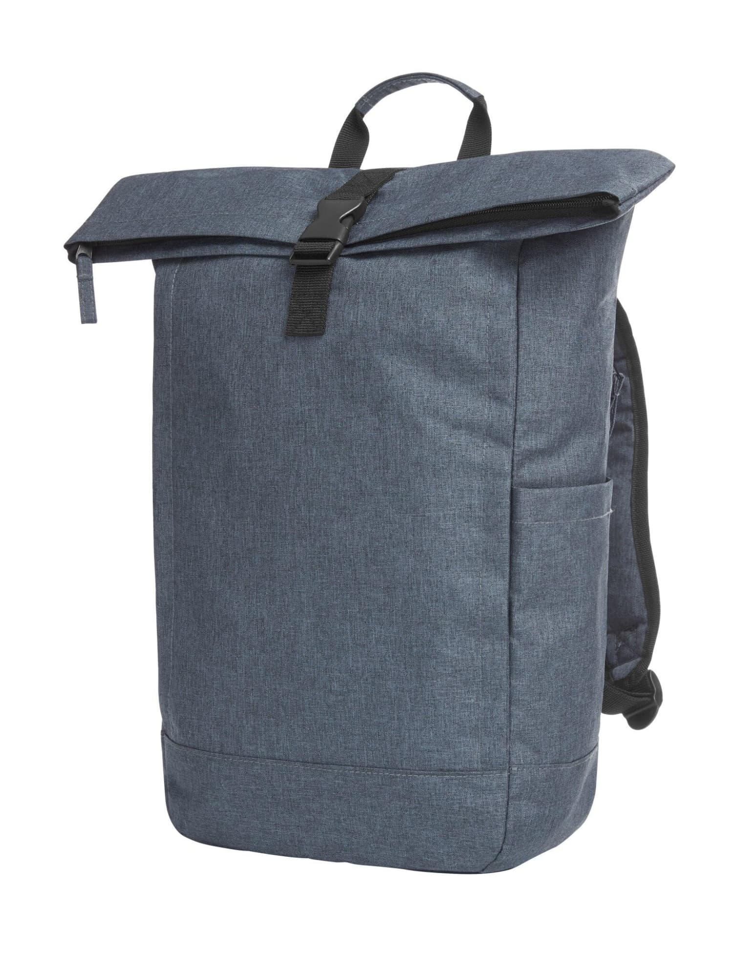 A blue Circle Backpack featuring a roll-top closure, a side pocket, and adjustable straps. It has a branding logo. Circle Backpack - Image 1