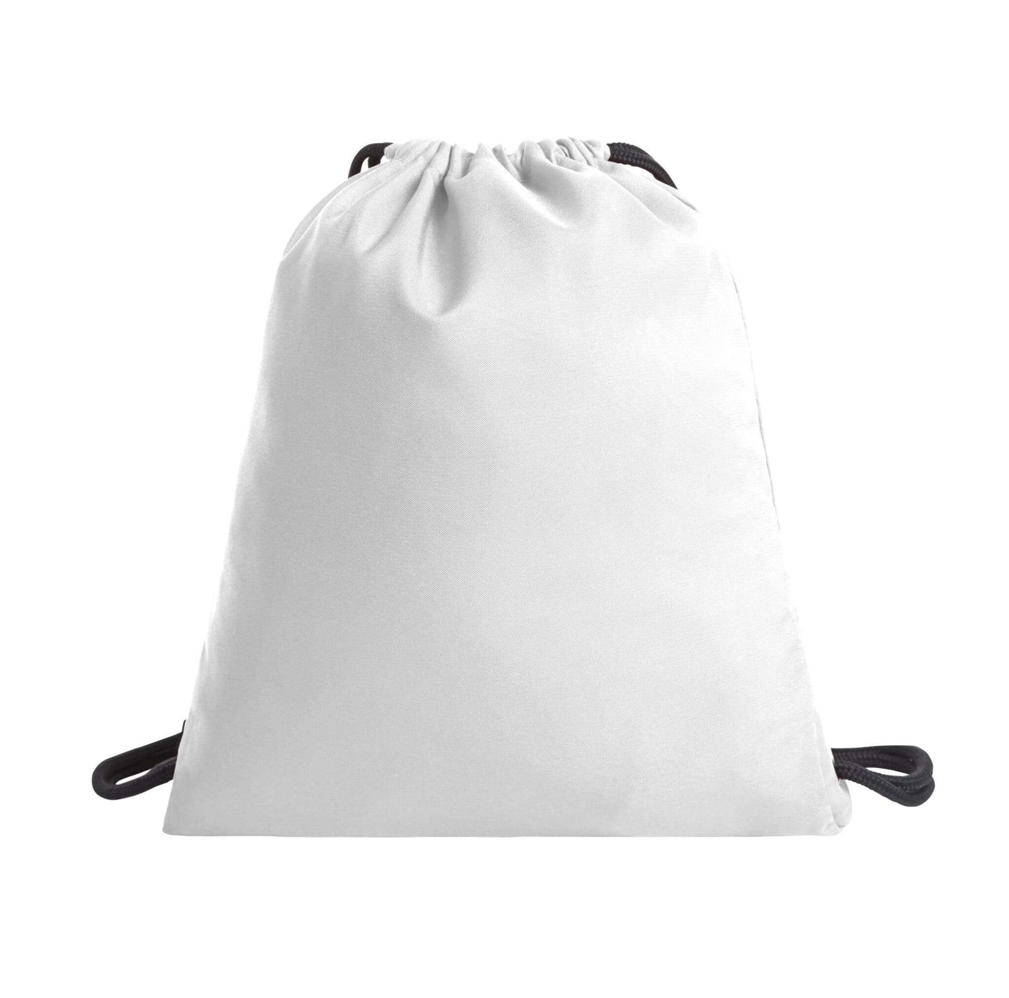 A white drawstring bag with black cords and a simple design, featuring a logo. Care Drawstring Bag - Image 1