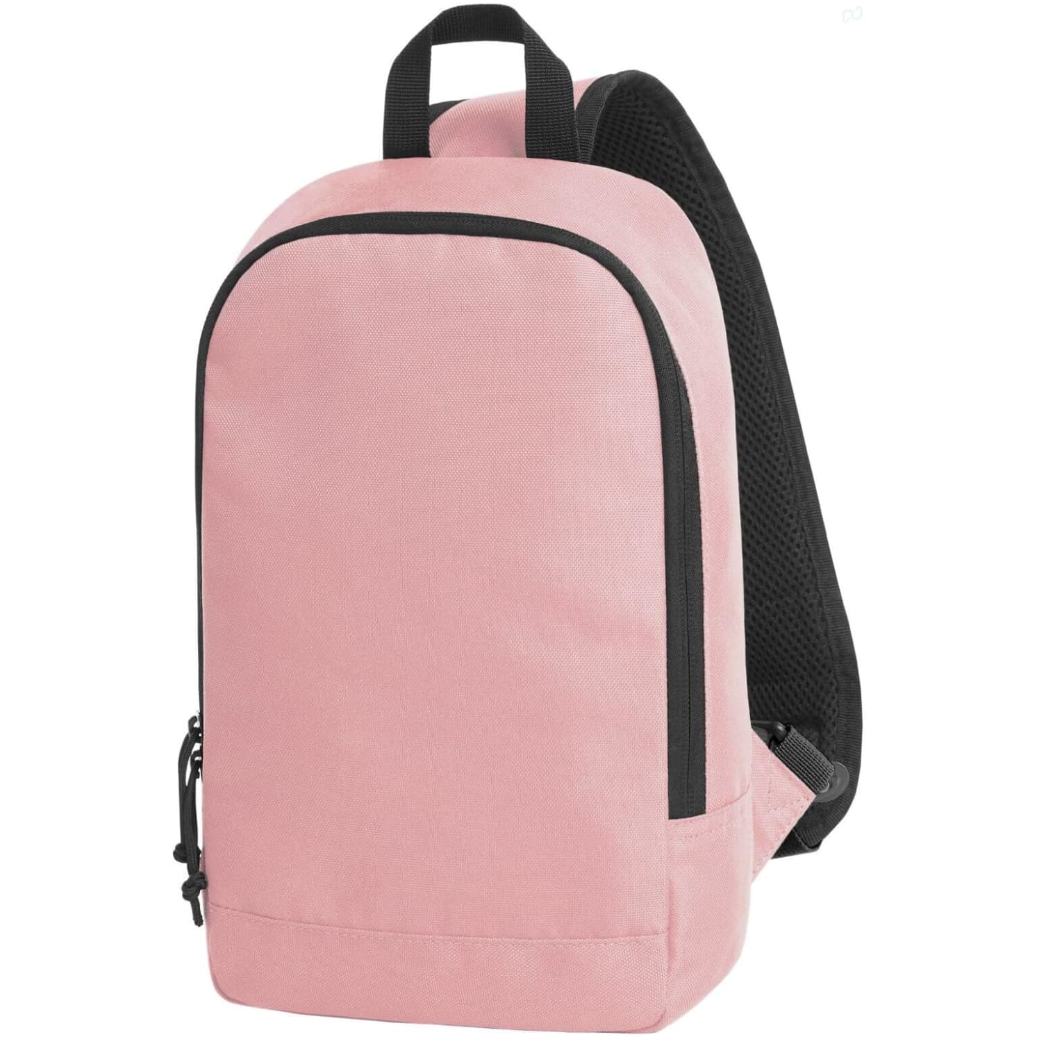 A pink backpack with a black mesh back and a zippered front pocket, featuring a logo. Trend Monostrap - Image 1