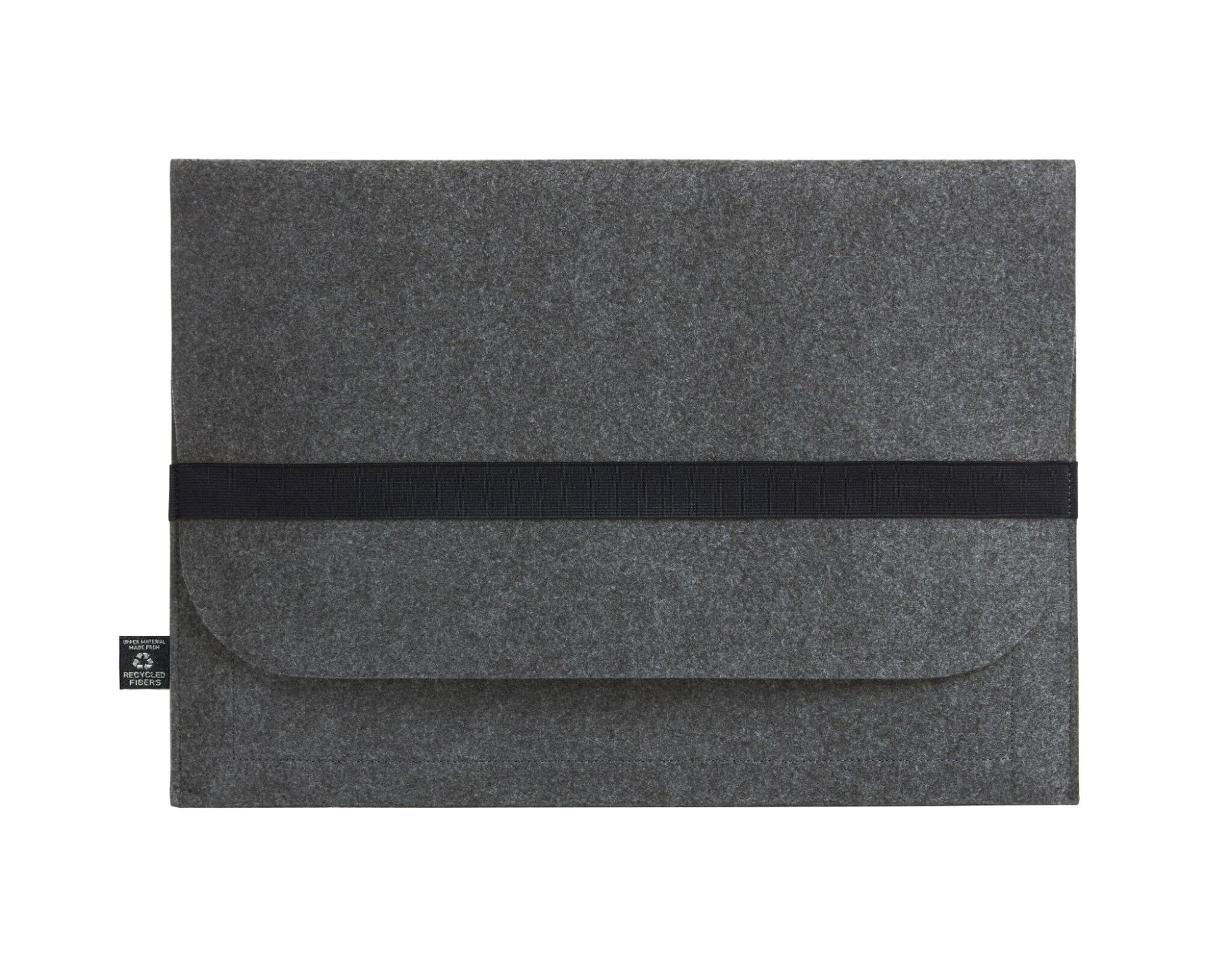 A grey laptop sleeve with a black strap and a subtle logo, designed for modern and classic styles. ModernClassic Laptop Sleeve - Image 1