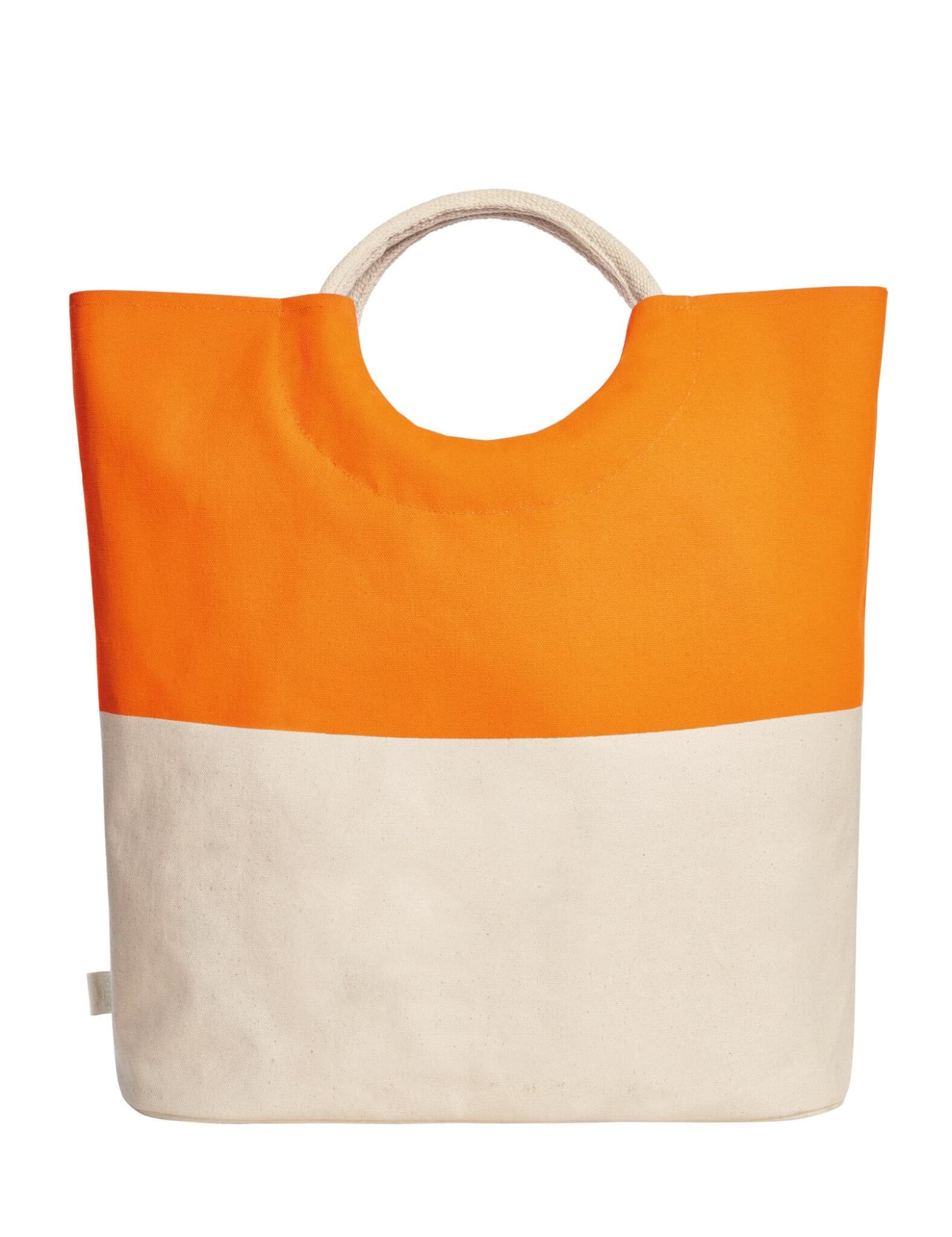 A tote bag with a bright orange top half and a cream-coloured bottom half, featuring a round handle and a branding logo. Sunny Shopper - Image 1