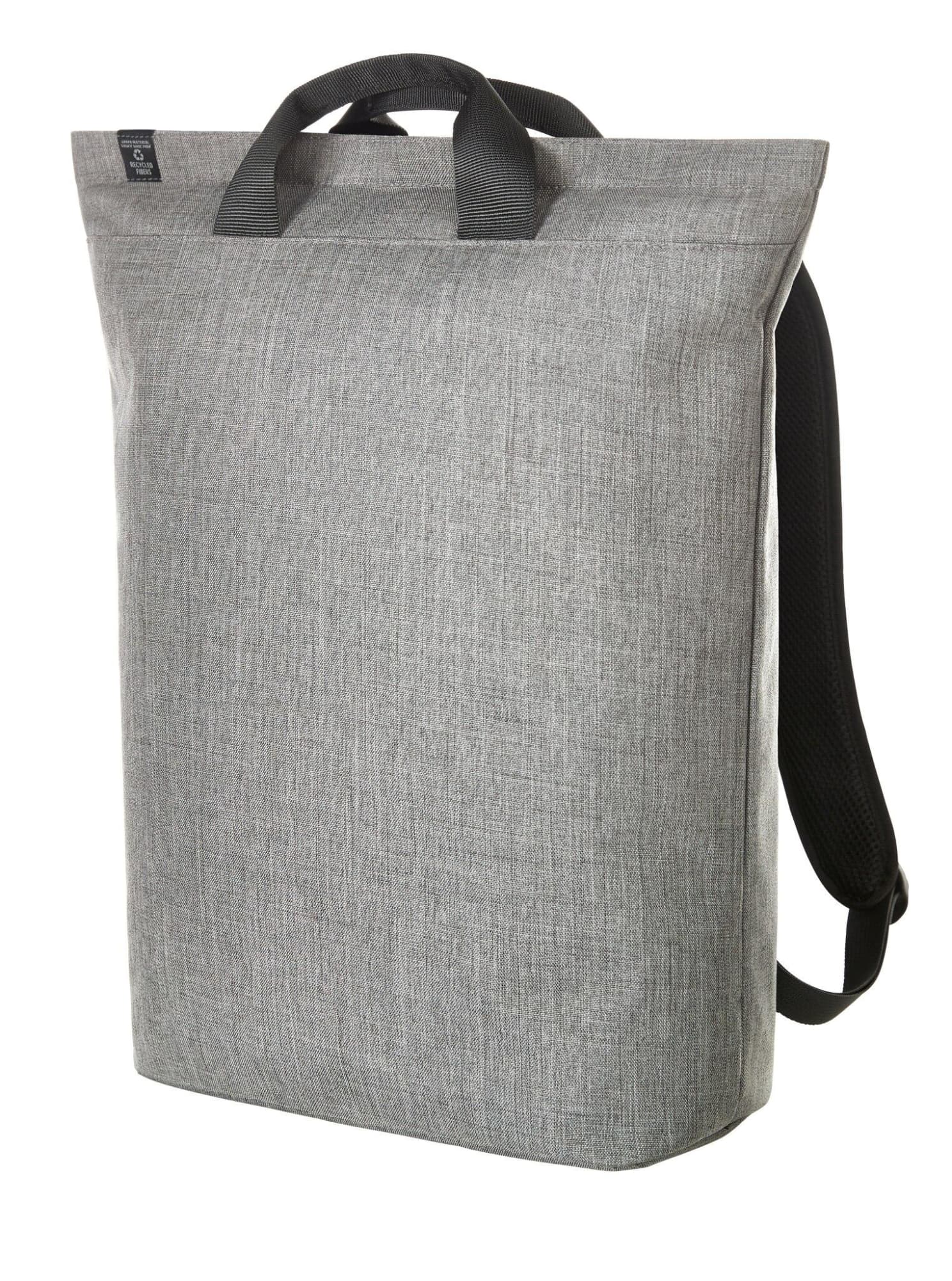 A grey laptop backpack with a minimalist design, featuring handles and adjustable shoulder straps. It has a logo. Europe Laptop Backpack - Image 1