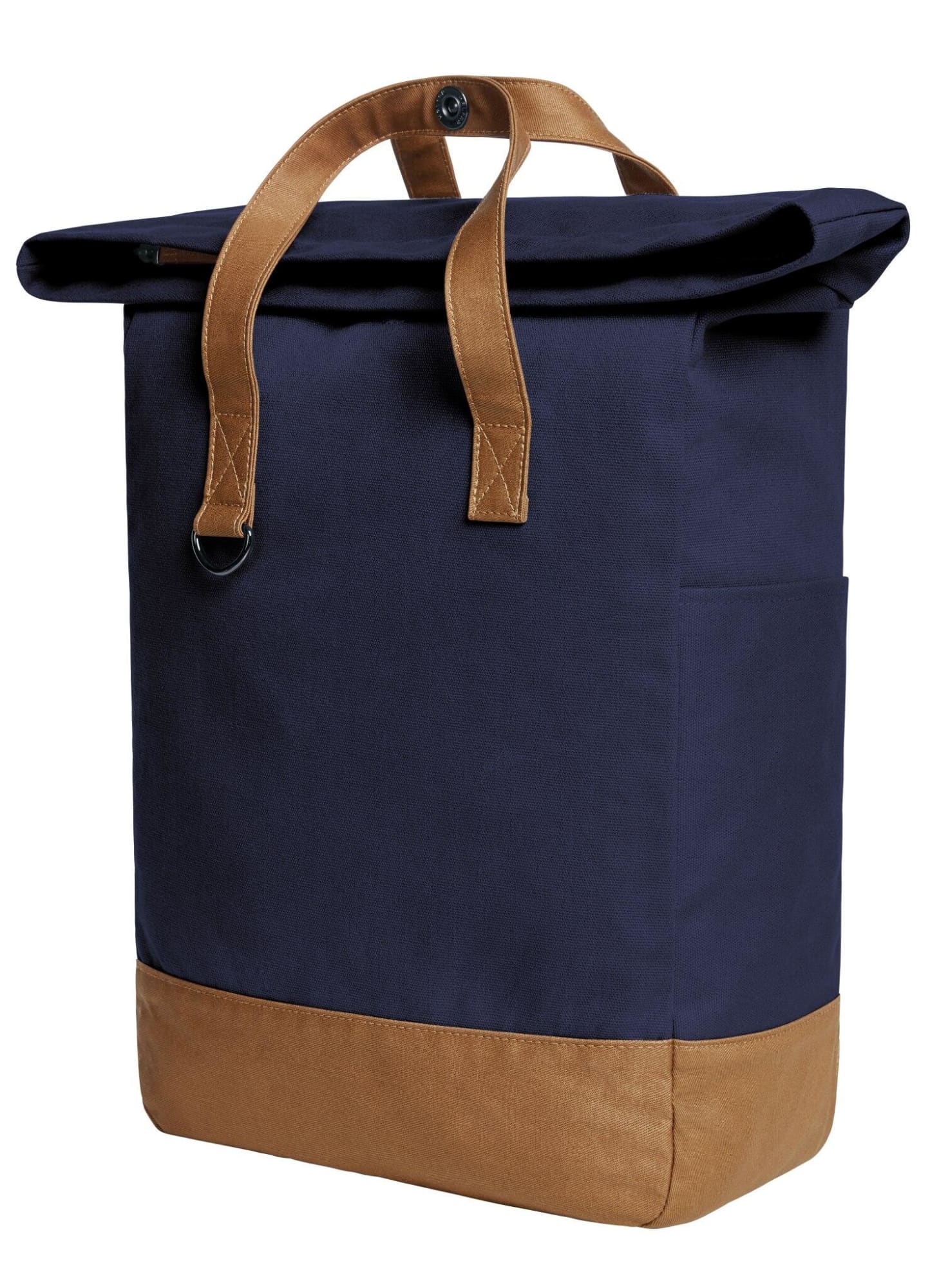 A navy blue backpack with a tan bottom, featuring handles and a side pocket, includes branding. Life Notebook Backpack - Image 1