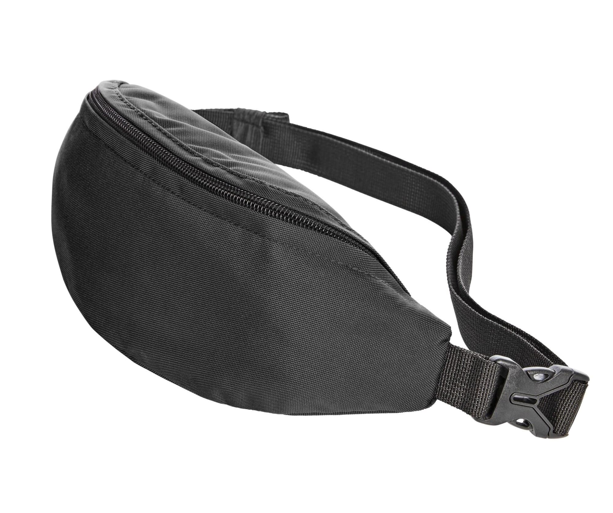 A black waist bag with a zippered compartment and an adjustable strap. The design is sleek and compact. Daily Waist Bag - Image 1