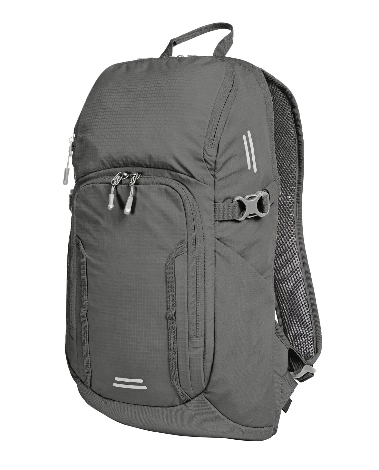 A grey outdoor daypack featuring reflective elements, multiple compartments, and adjustable straps. It has a logo present. Outdoor Daypack - Image 1