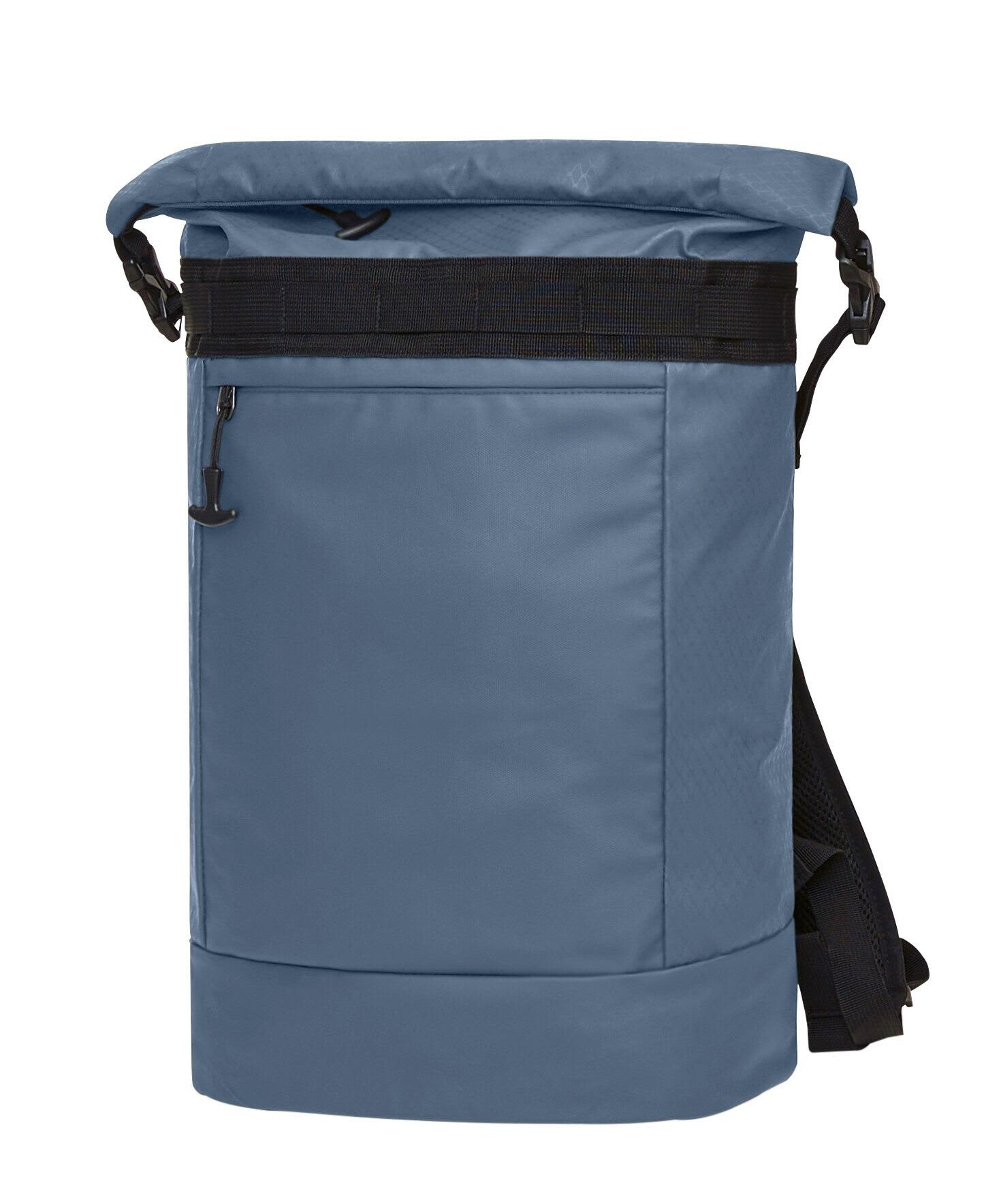 A blue roll-top backpack featuring a front pocket and adjustable shoulder straps, with an attached branding logo. Active Notebook Backpack - Image 1