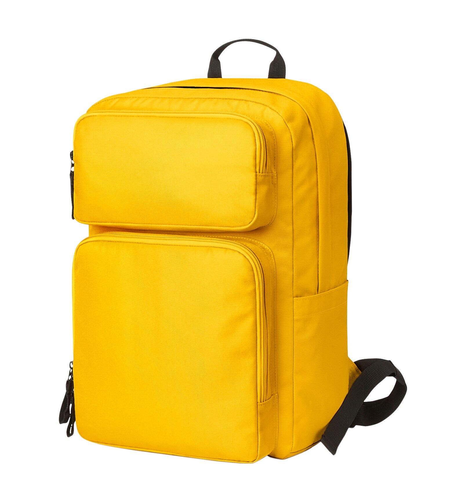 A yellow laptop backpack with multiple zippered compartments and a logo, designed for carrying laptops and accessories. Fellow Notebook Backpack - Image 1