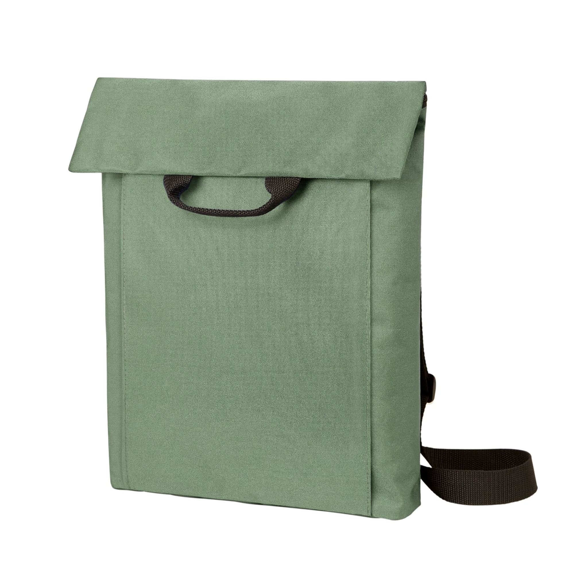 A green backpack with a flap closure and a shoulder strap, featuring a front handle and branding. Event Multi Bag - Image 1