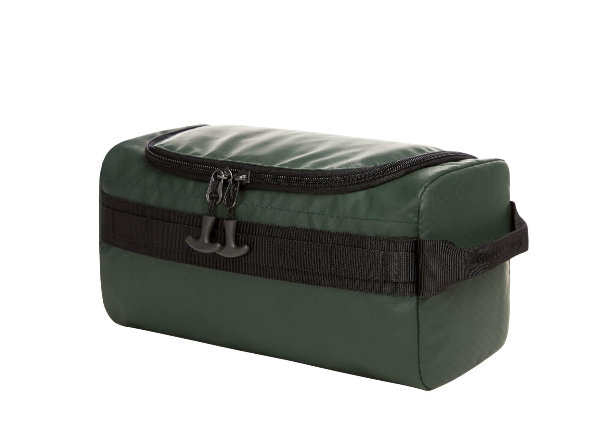 A green wash bag with a black zip and strap, featuring a sleek rectangular design and a logo. Active Wash Bag - Image 1