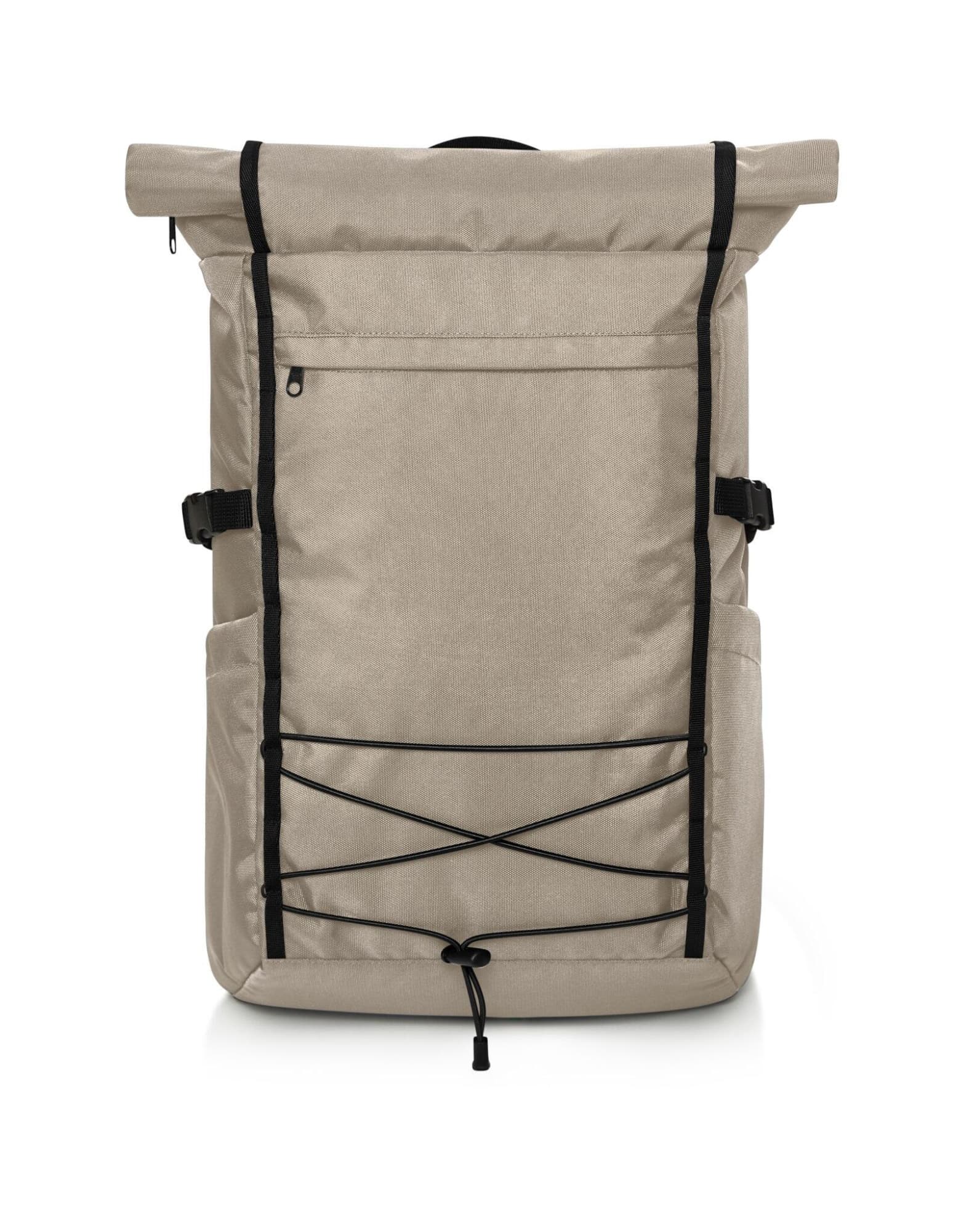 A beige Flex Notebook Backpack featuring a roll-top closure, adjustable straps, and a front zip pocket. Flex Notebook Backpack - Image 1