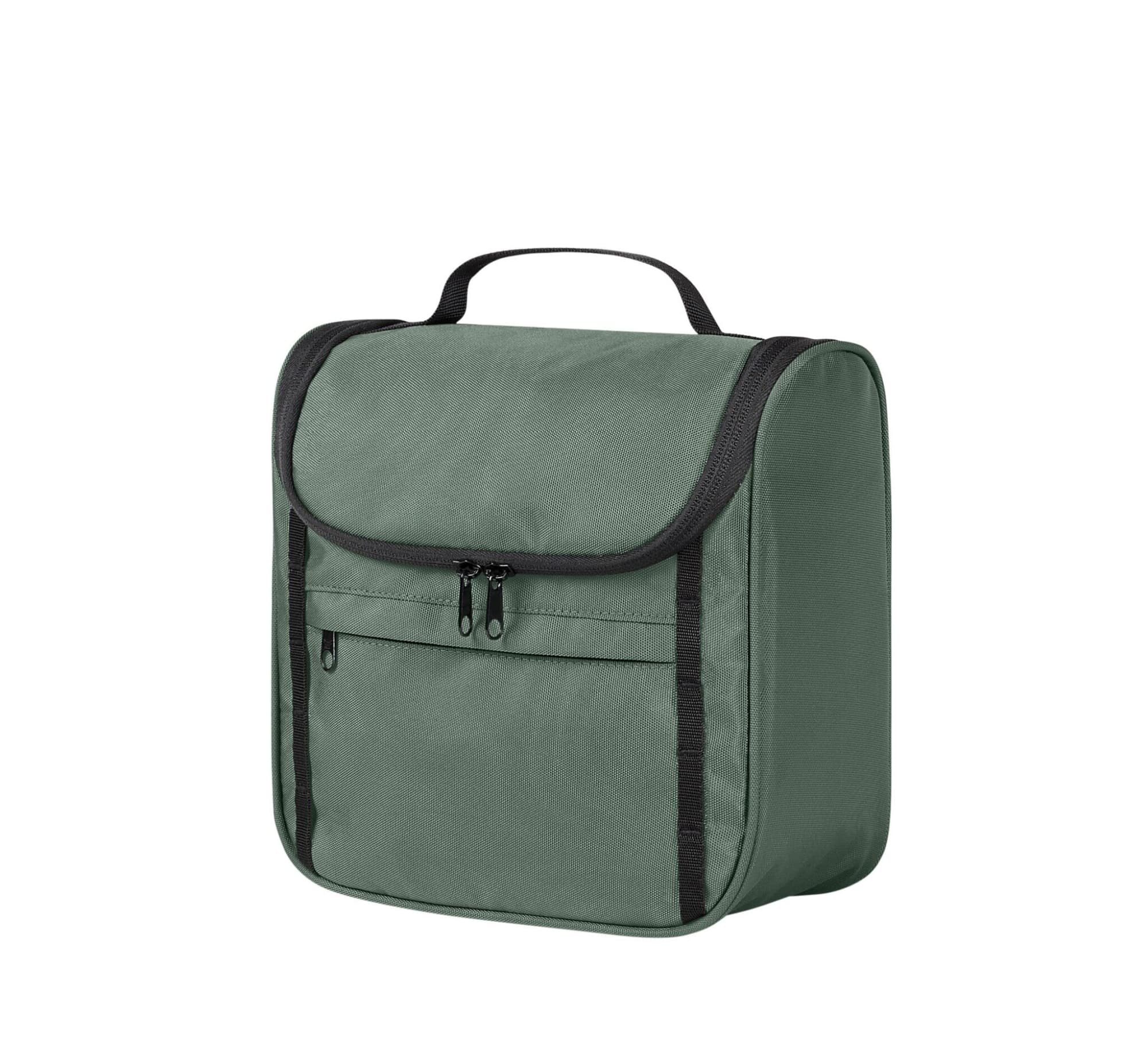 A green toiletry bag with a front zip pocket and a handle on top, featuring a logo. Flex Wash Bag - Image 1