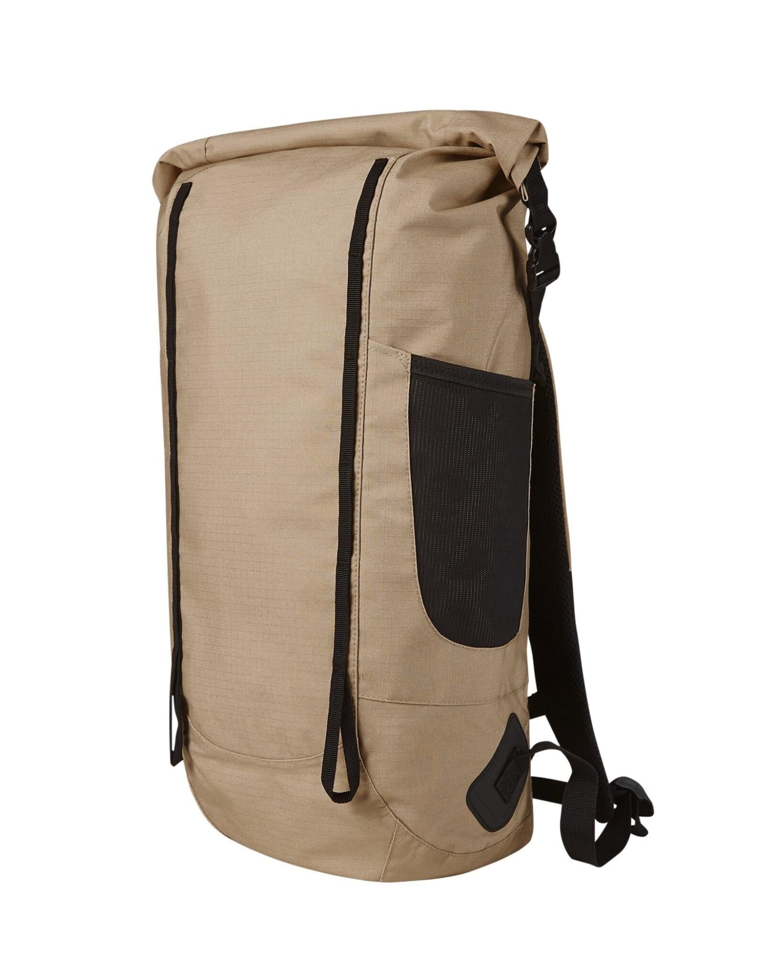 A tan and black Explore Backpack with a roll-top closure and side mesh pocket. Features adjustable straps for comfort. Explore Backpack - Image 1