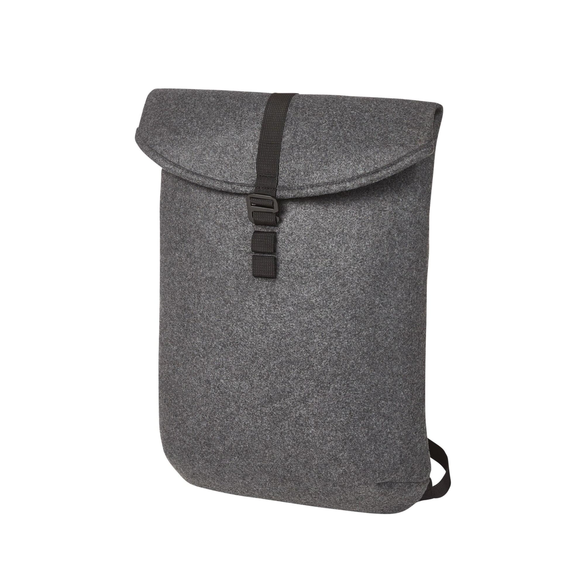 A grey felt backpack featuring a fold-over flap and a buckle closure, with adjustable straps at the back. ModernClassic Backpack - Image 1