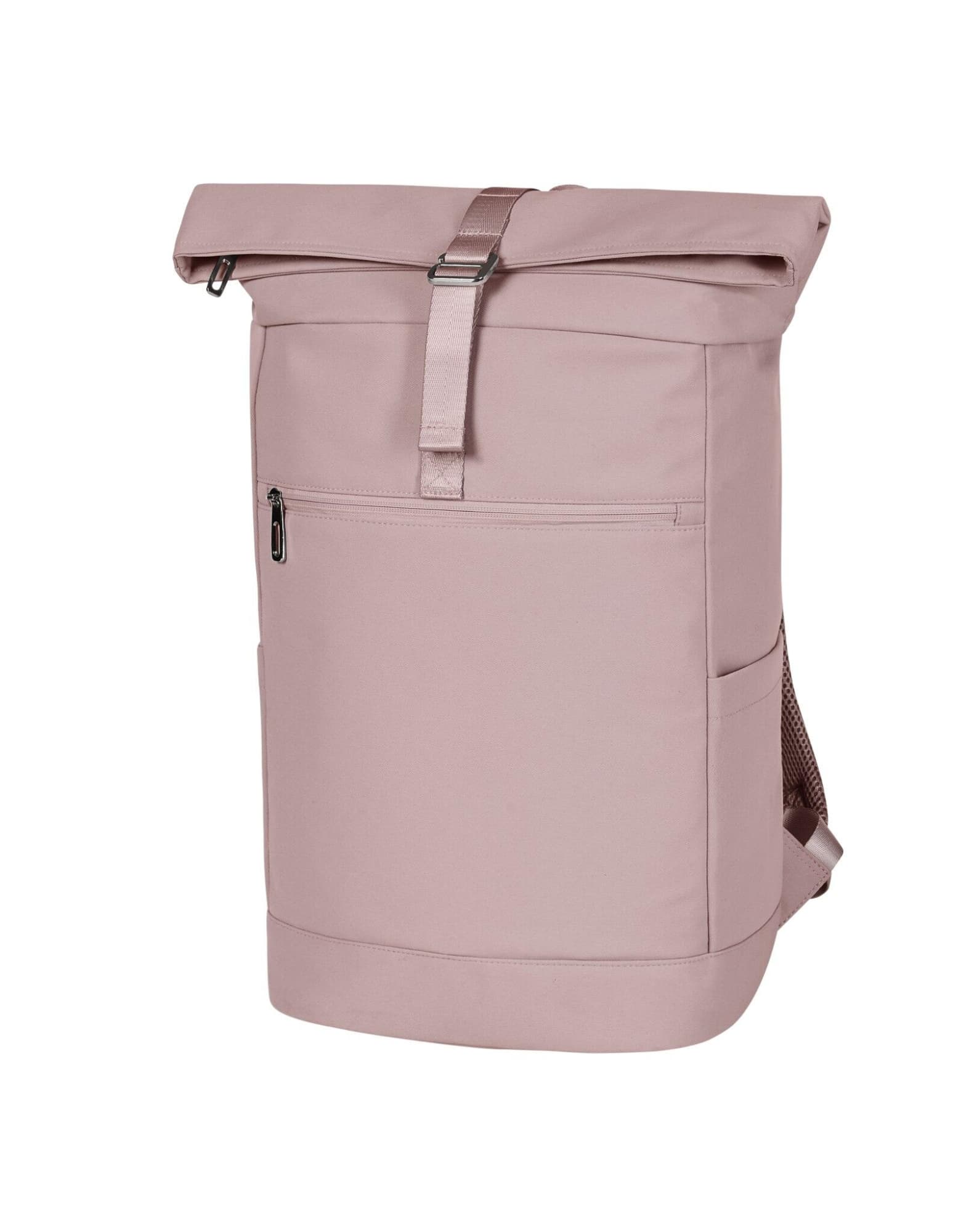 A pink laptop backpack with a roll-top design, featuring a front zipper pocket and mesh side pockets. It has a logo. Star Laptop Backpack - Image 1