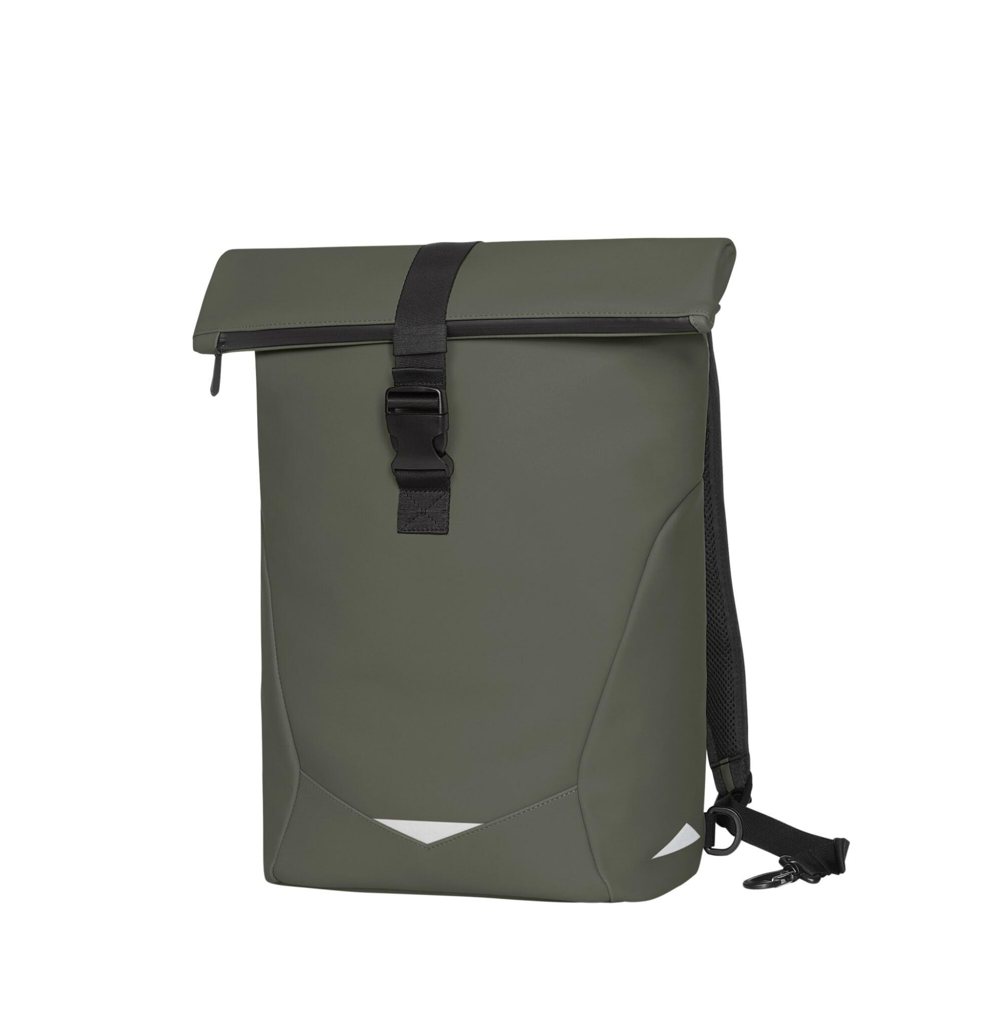 A green backpack with a roll-top closure and adjustable straps, featuring a logo on the front. Orbit Bike Backpack - Image 1