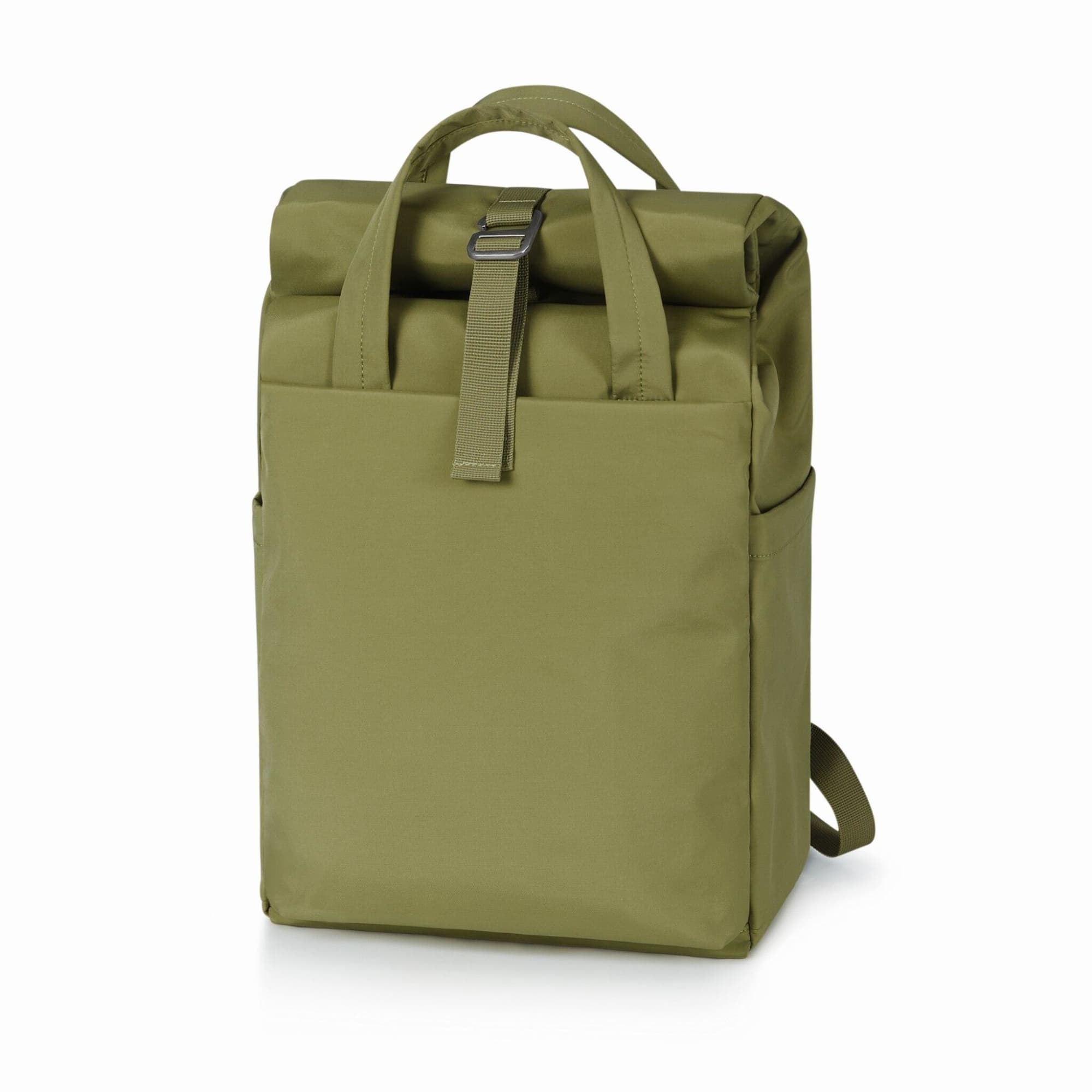 An olive green backpack with a roll-top closure and adjustable strap, featuring a side pocket and a logo. Metro Backpack - Image 1