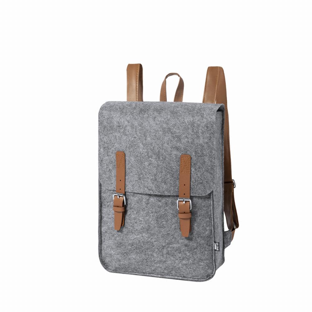 A grey felt backpack with brown leather straps and buckles, featuring a simple design and flapped top. Zakian - Image 1