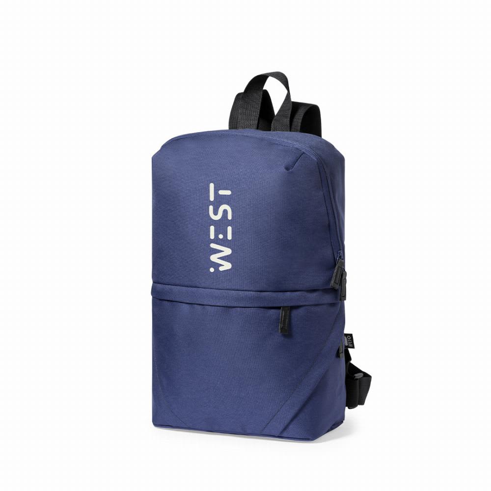 A navy blue backpack with a top compartment and a zippered front pocket, featuring a logo on the front. Bronul - Image 1